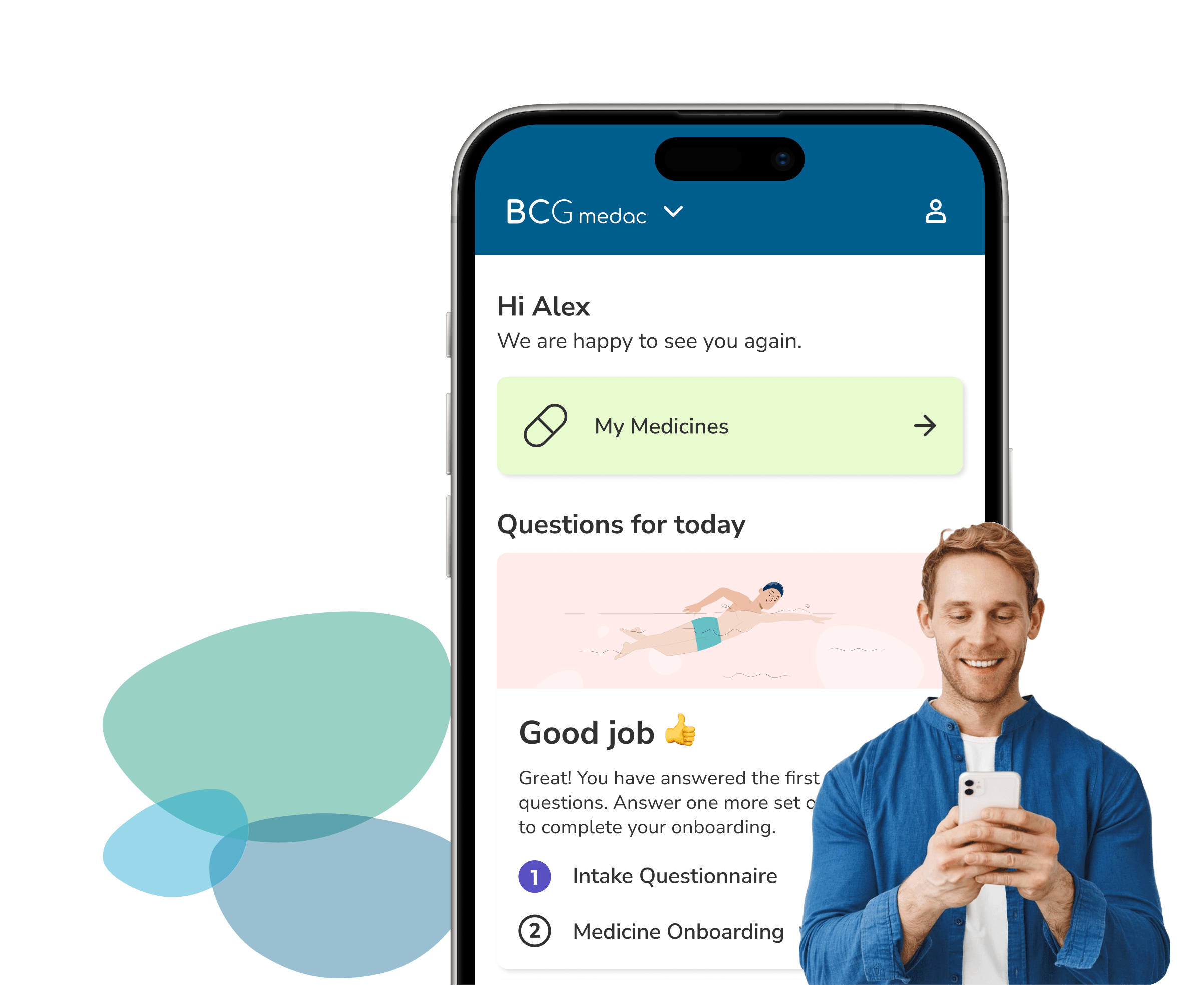 brite app showing the BCG treatment space, next to a smiling person and a packshot of the packaging.