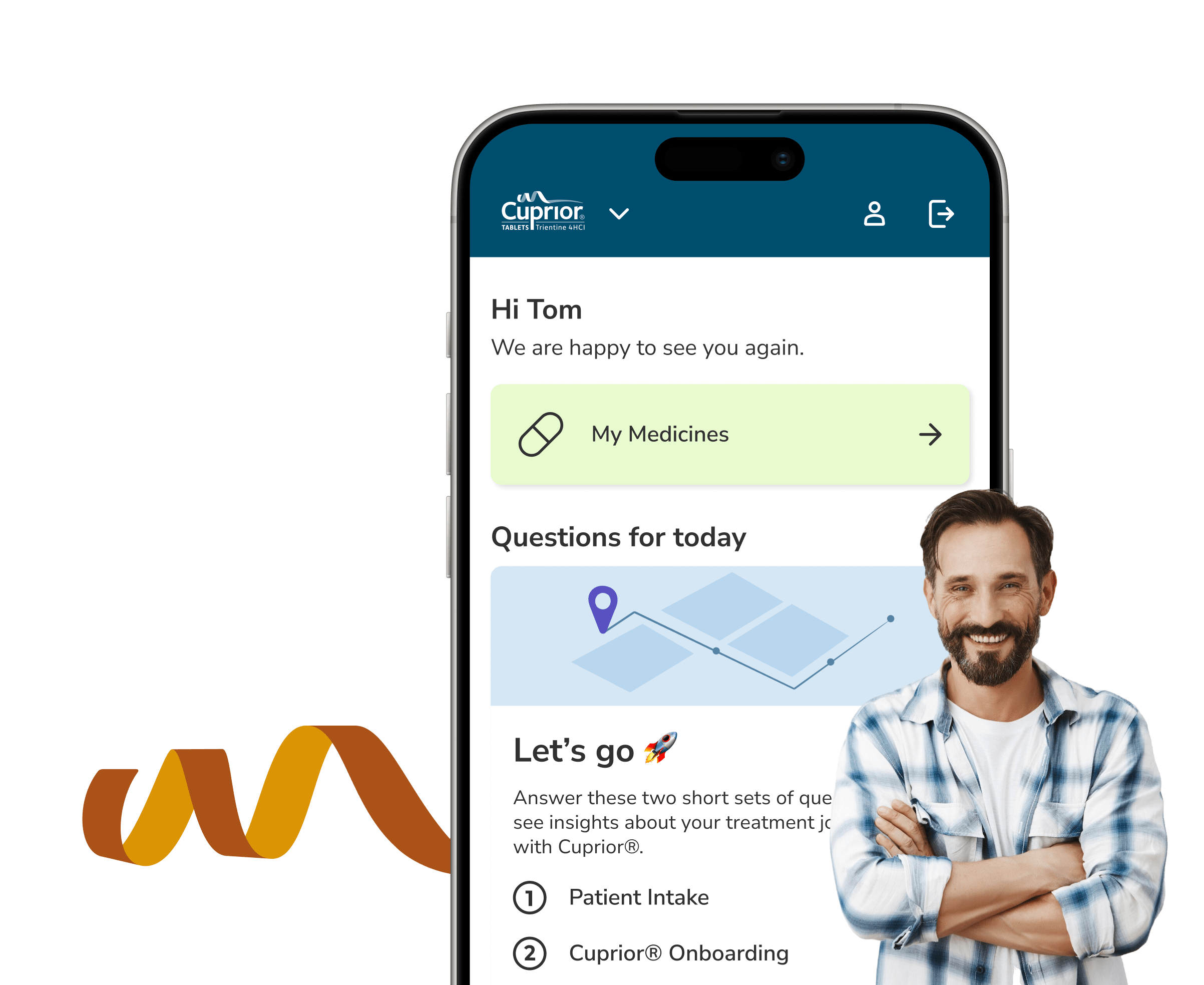 brite App zeigt den Cuprior Behandlungsbereich neben einer lächelnden Person und einer Verpackungsabbildung.