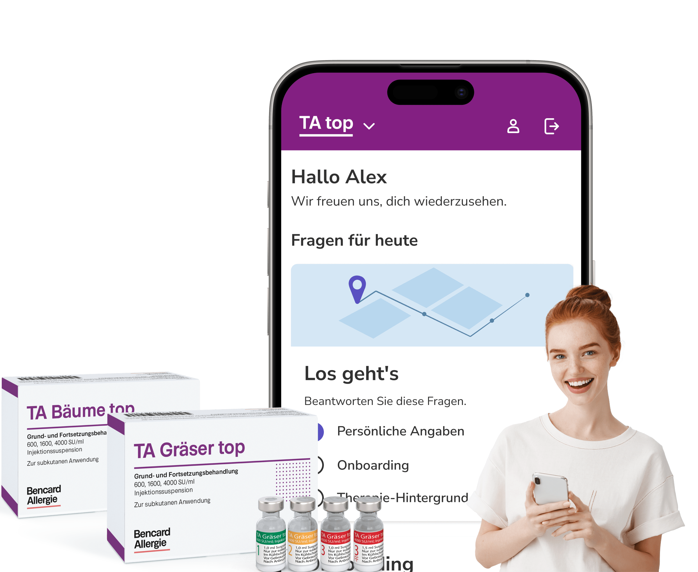 brite App zeigt den TA Top Behandlungsbereich neben einer lächelnden Person und einer Verpackungsabbildung.