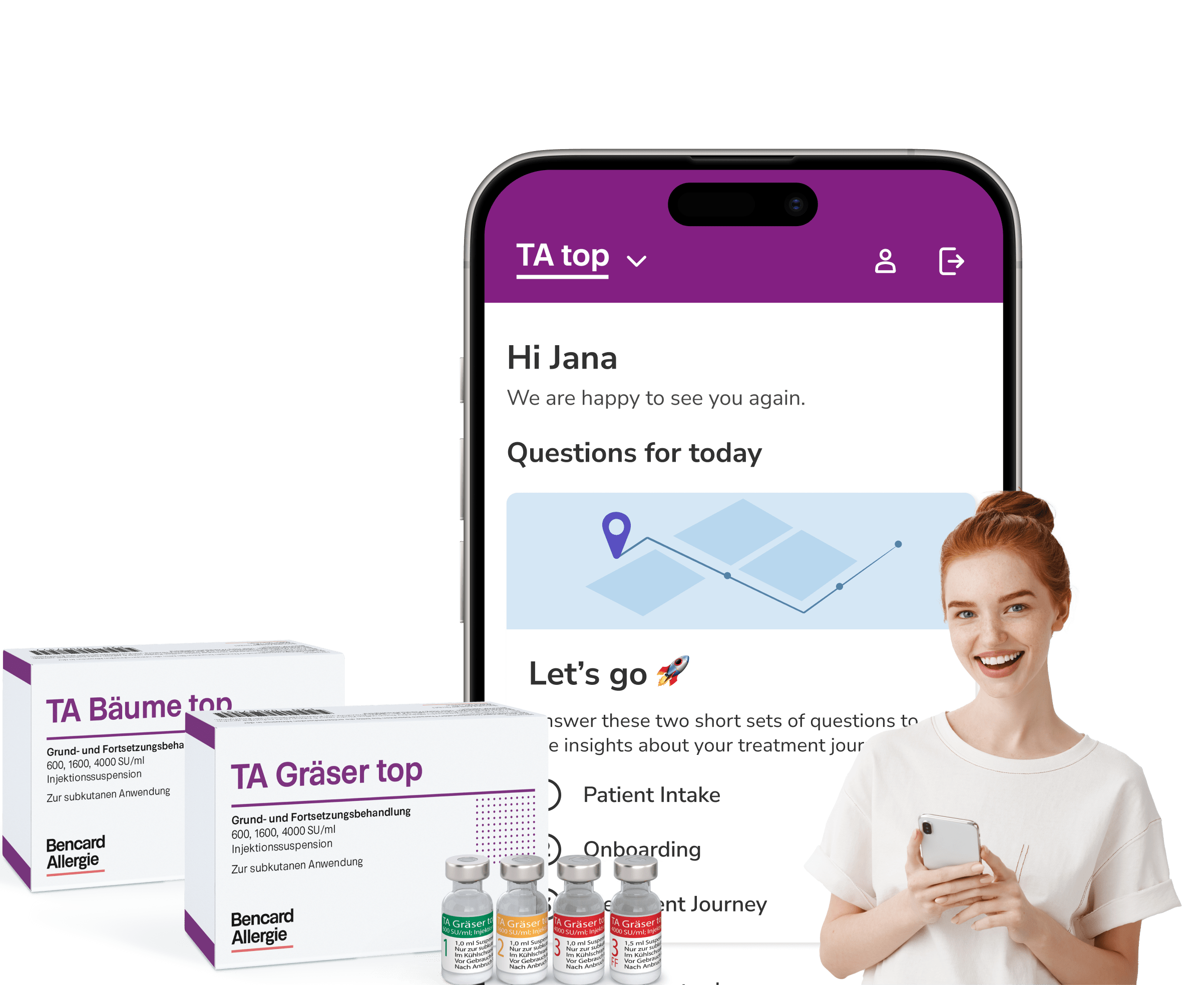 British app shows the TA Top treatment area next to a smiling person and a packaging illustration.