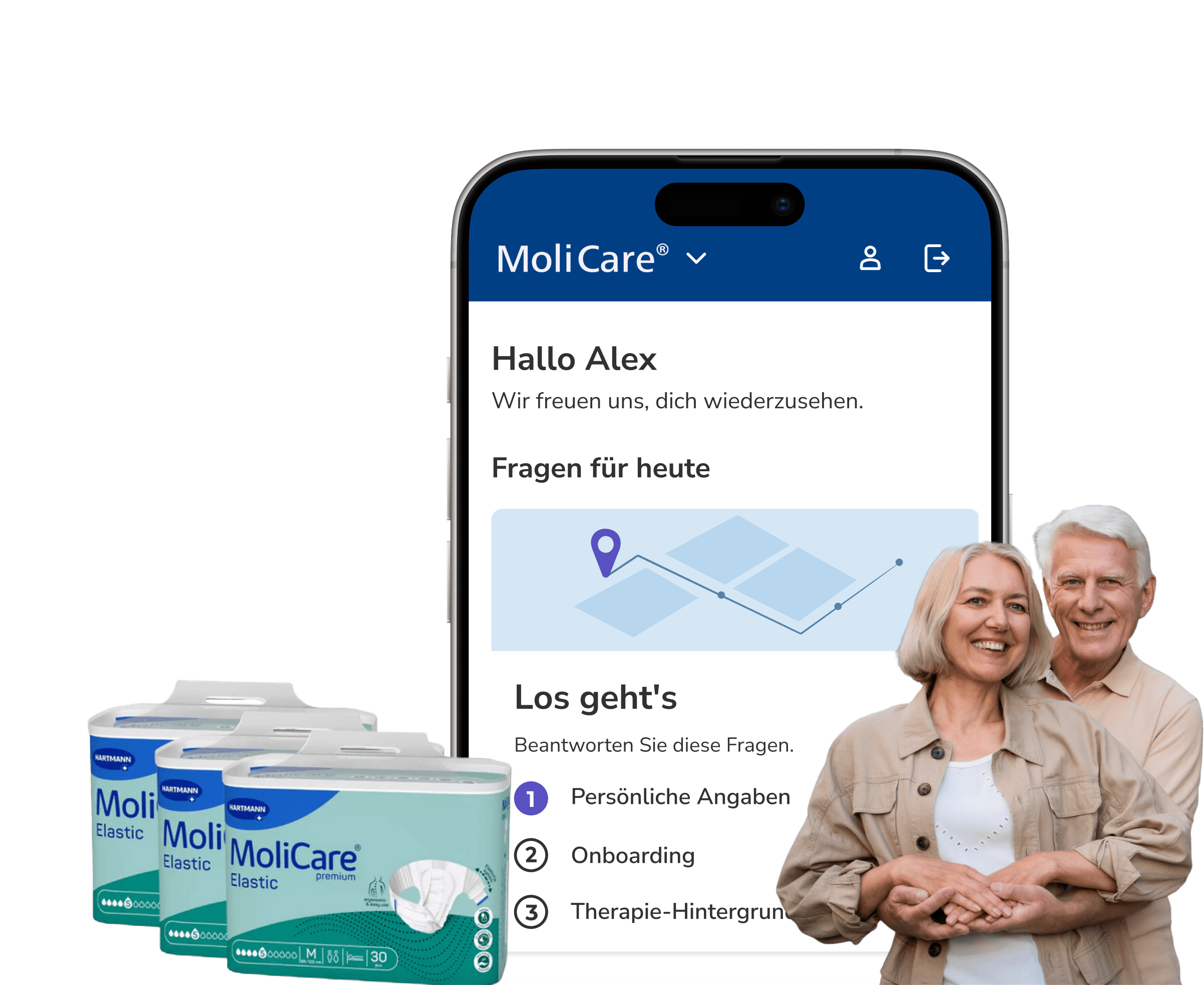 brite App zeigt den MoliCare Behandlungsbereich neben einer lächelnden Person und einer Verpackungsabbildung.