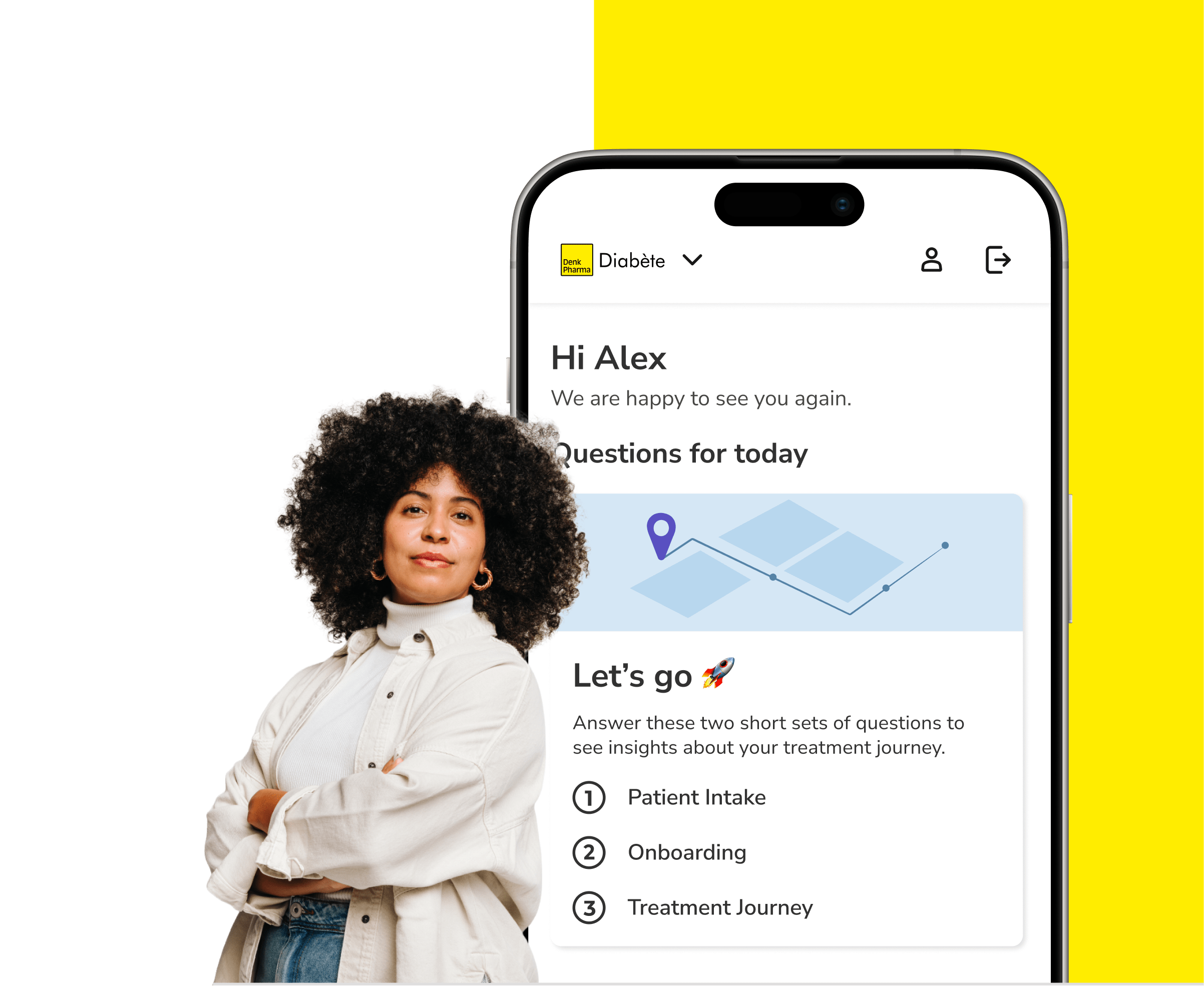 brite App zeigt den Denk Pharma Diaète Behandlungsbereich neben einer lächelnden Person und einer Verpackungsabbildung.