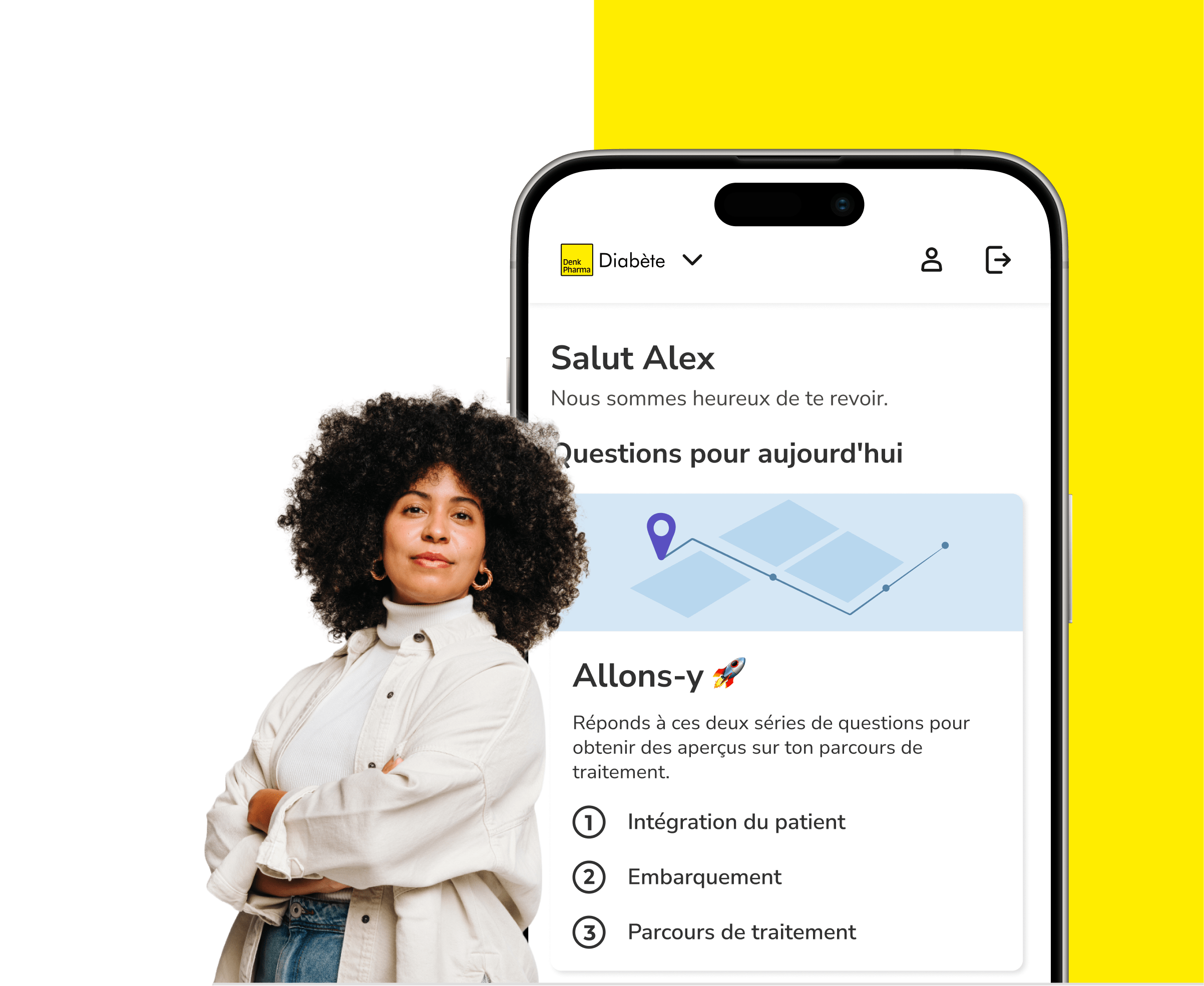 L'application brite montre la zone de traitement du diabète de Denk Pharma à côté d'une personne souriante.