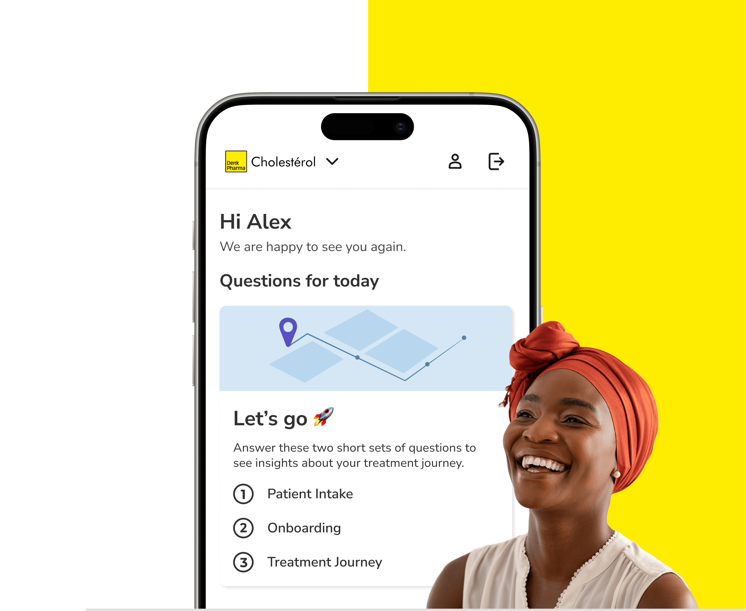 brite App zeigt den Denk Pharma Cholesterin Behandlungsbereich neben einer lächelnden Person.