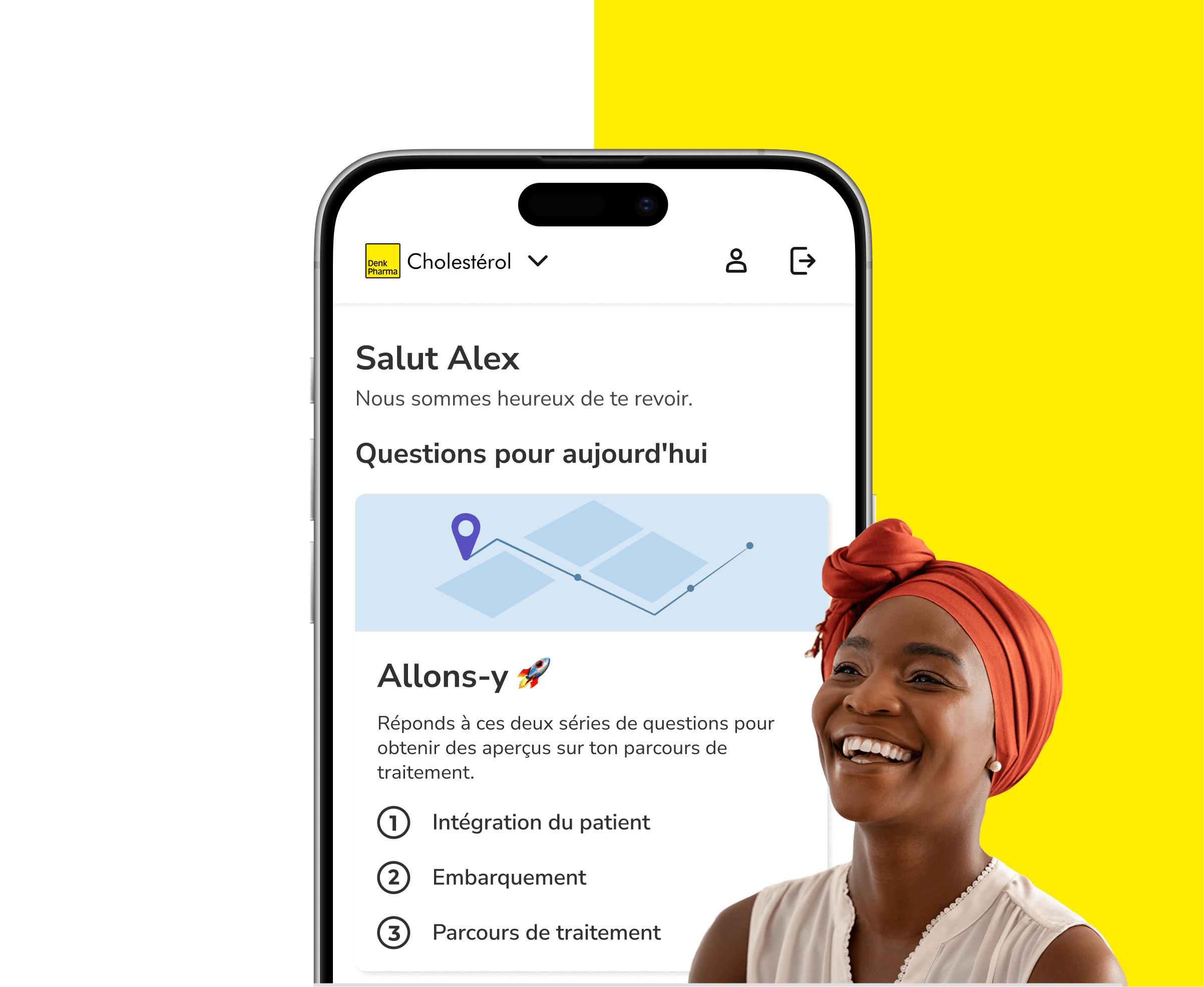 Une application britannique montre la zone de traitement du cholestérol de Denk Pharma à côté d'une personne souriante.