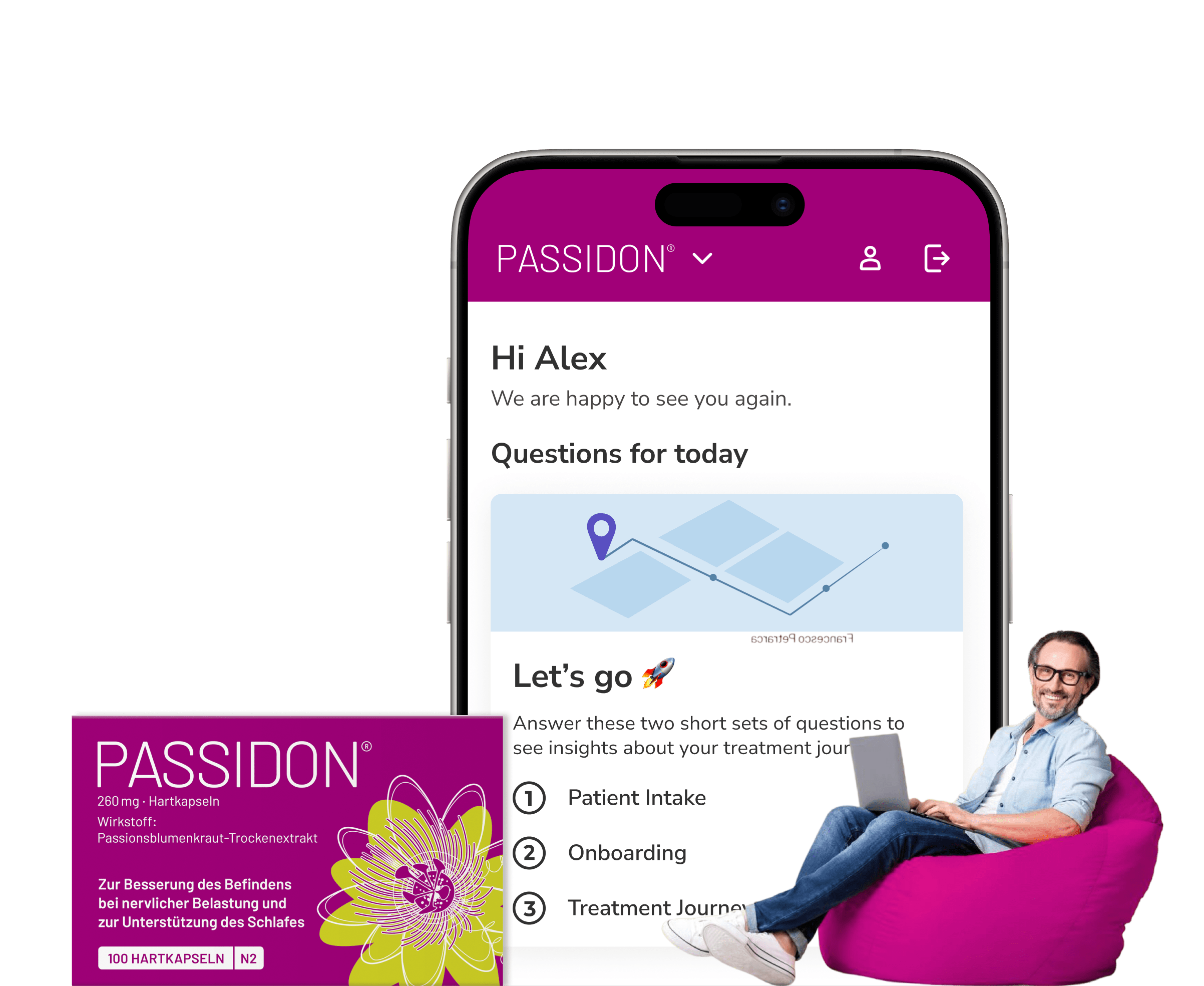 brite app showing the Passidon treatment space, next to a smiling person and a packshot of the packaging.