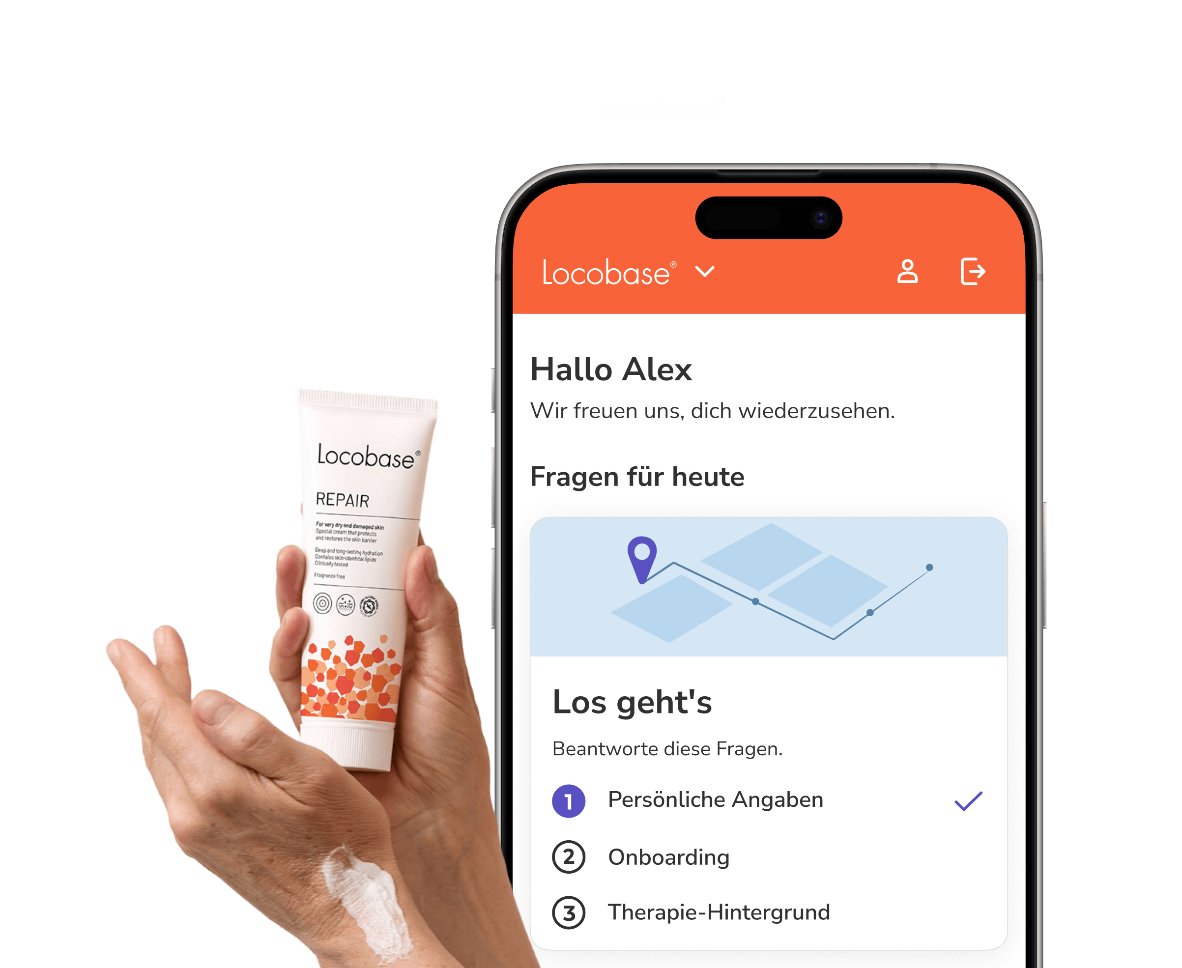 brite app showing the locobase treatment space, next to a smiling person and a packshot of the packaging.