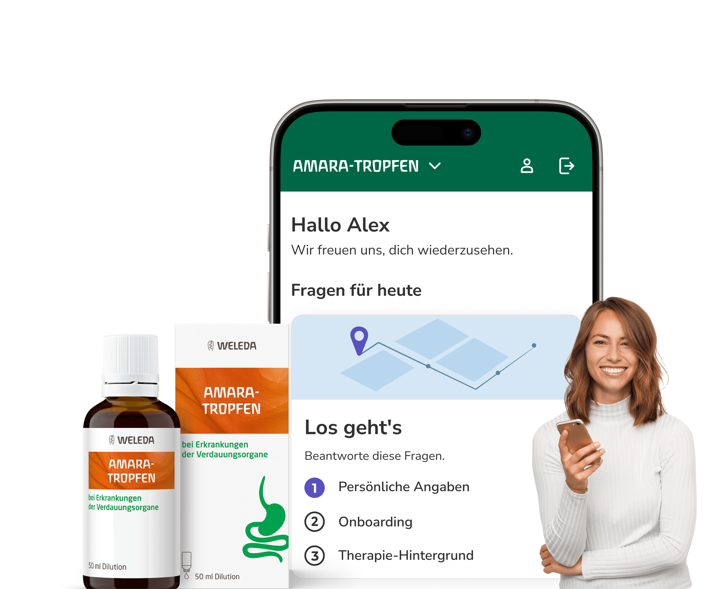 brite app showing the amara treatment space, next to a smiling person and a packshot of the packaging.