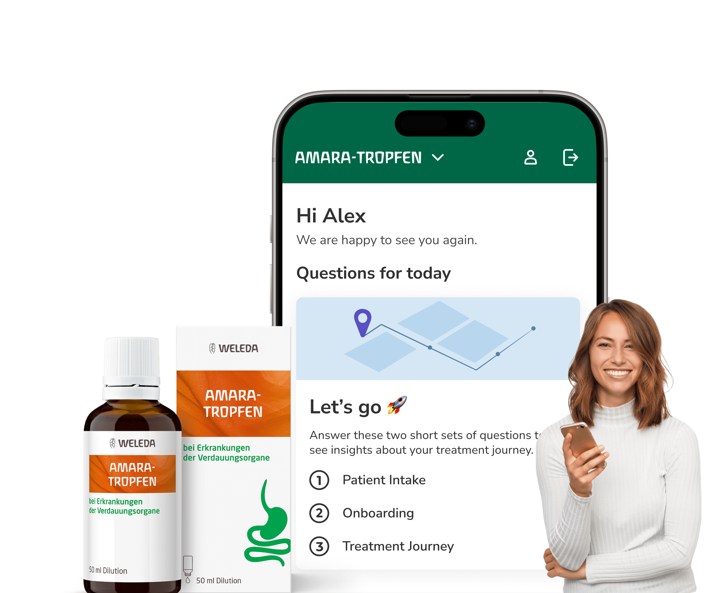 brite app showing the amara treatment space, next to a smiling person and a packshot of the packaging.