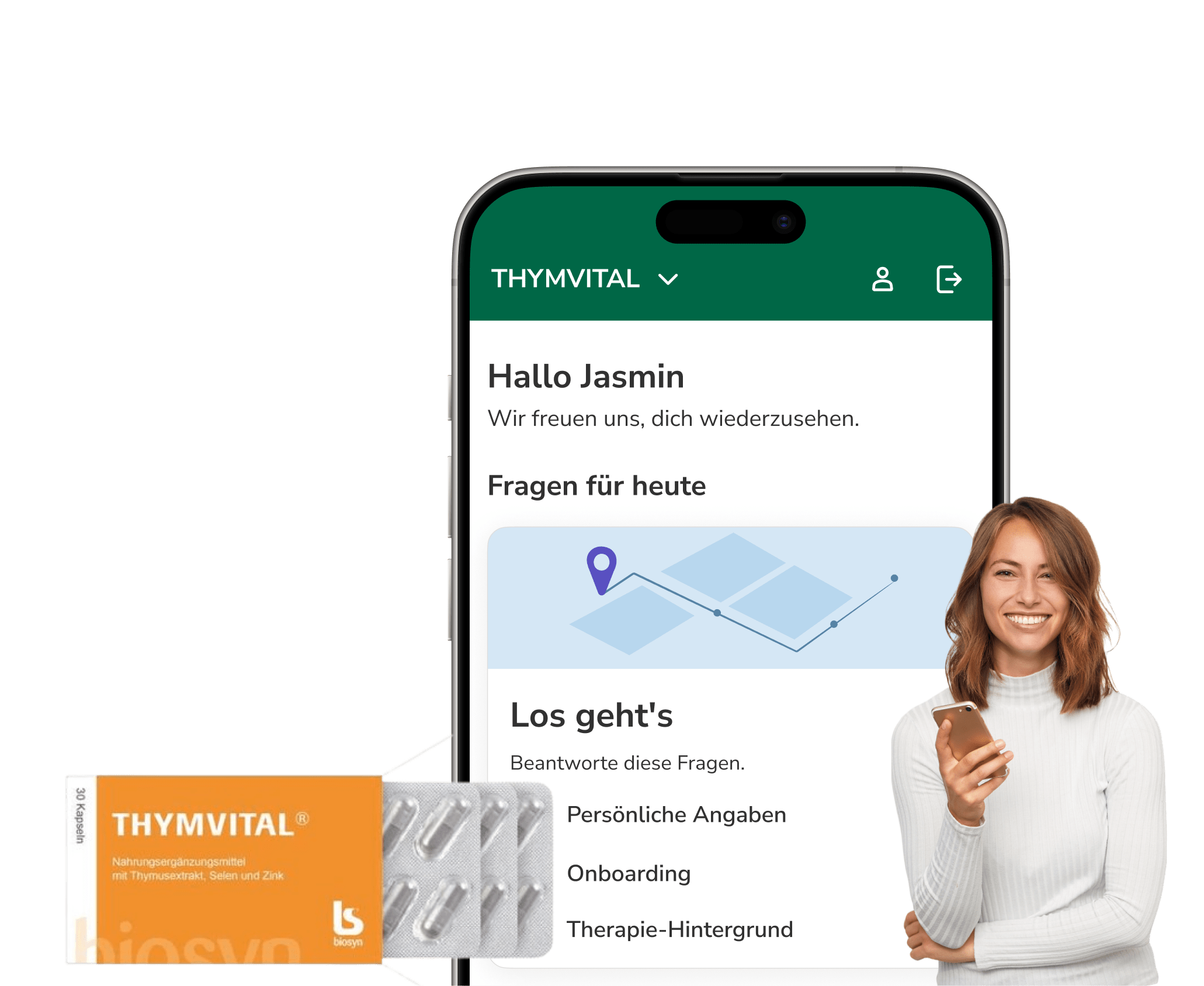 brite app showing the amara treatment space, next to a smiling person and a packshot of the packaging.