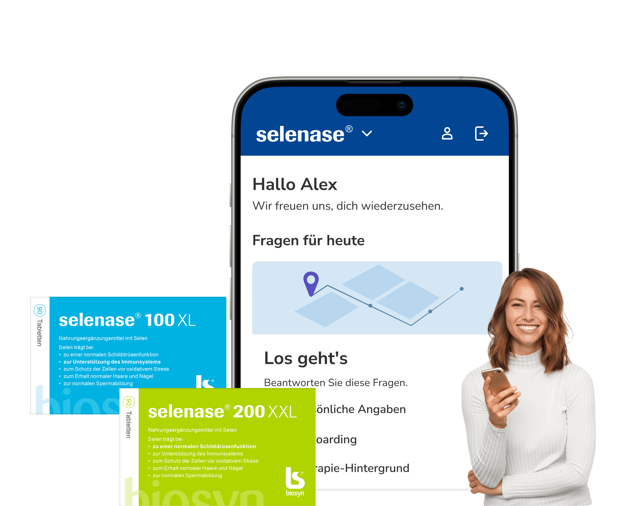brite app showing the selenase treatment space, next to a smiling person and a packshot of the packaging.