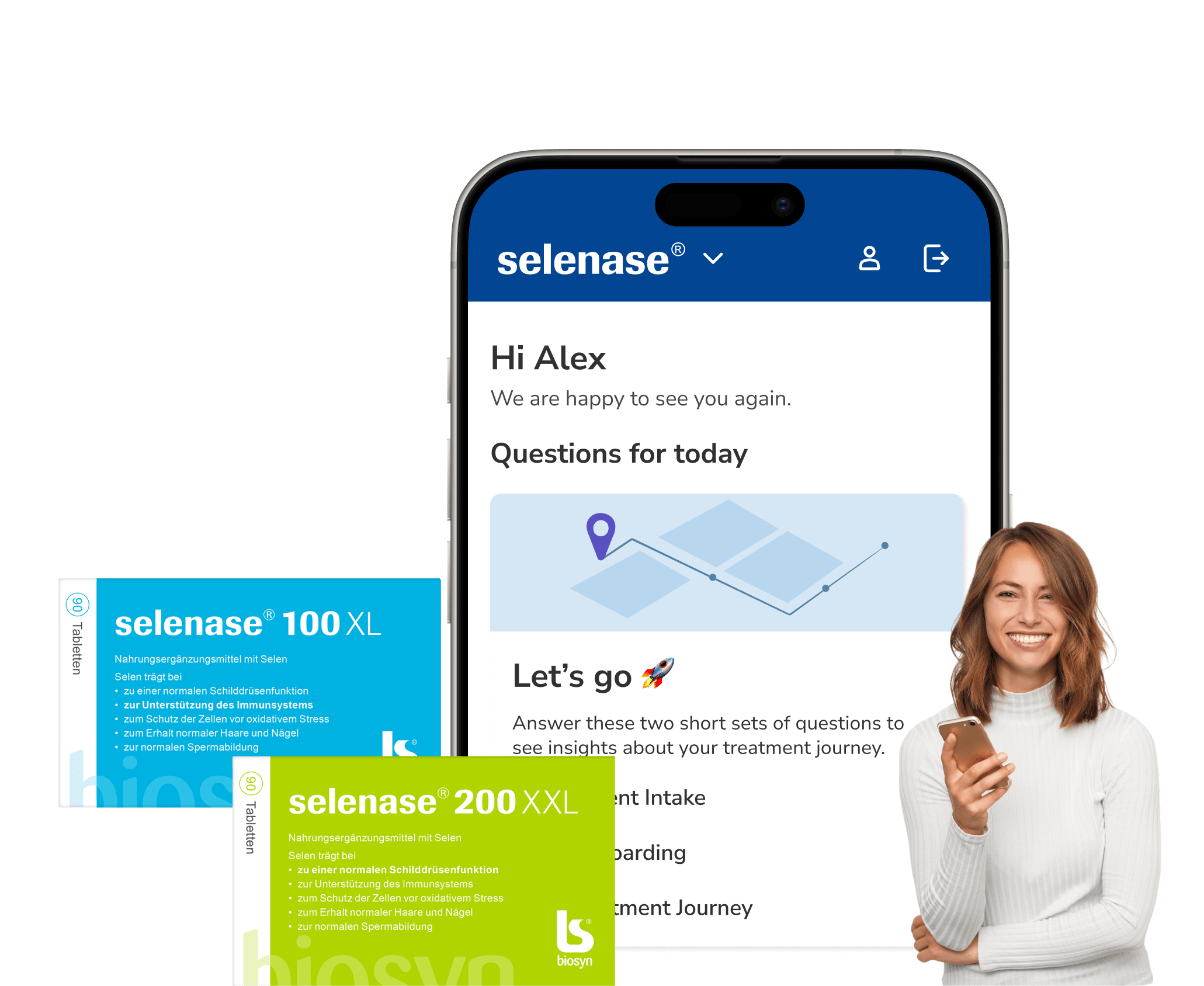 brite app showing the selenase treatment space, next to a smiling person and a packshot of the packaging.