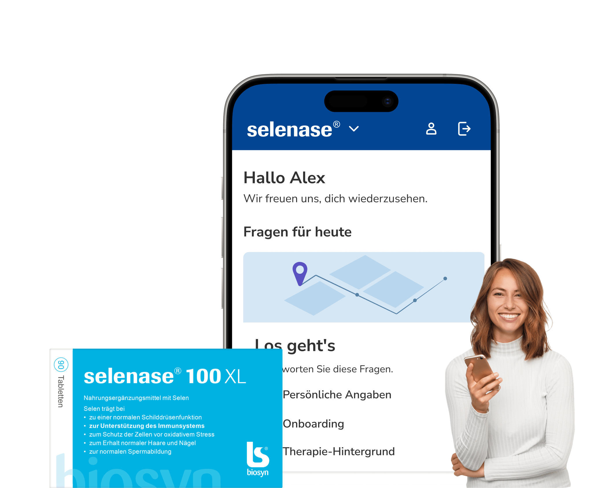 brite app showing the selenase treatment space, next to a smiling person and a packshot of the packaging.