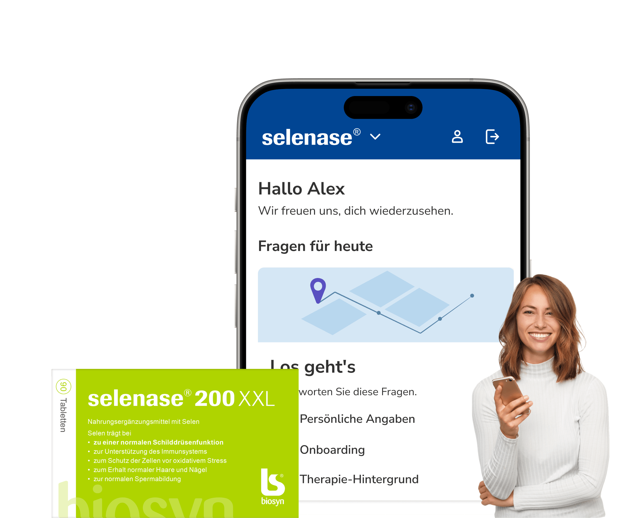 brite app showing the selenase treatment space, next to a smiling person and a packshot of the packaging.
