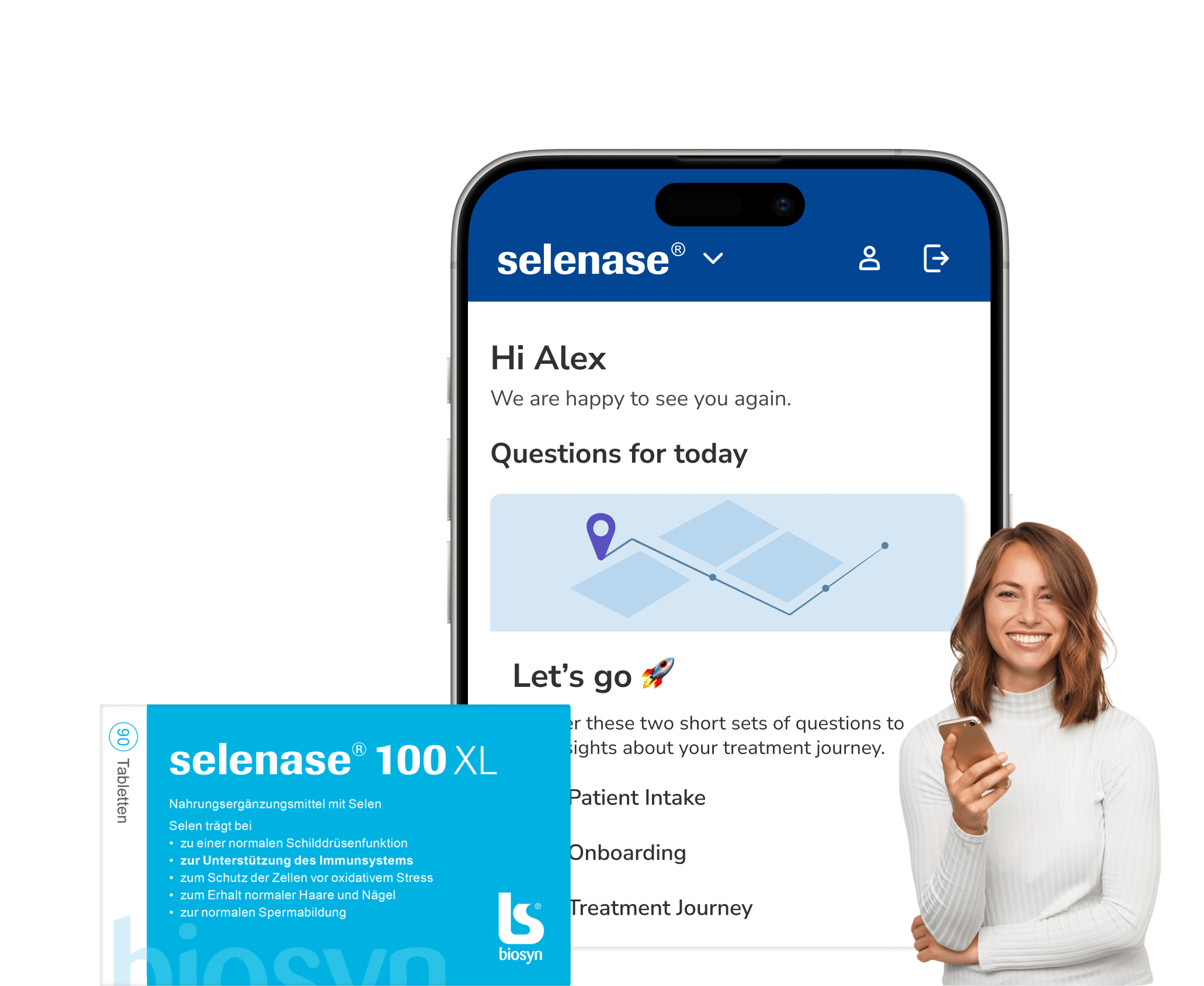 brite app showing the selenase treatment space, next to a smiling person and a packshot of the packaging.