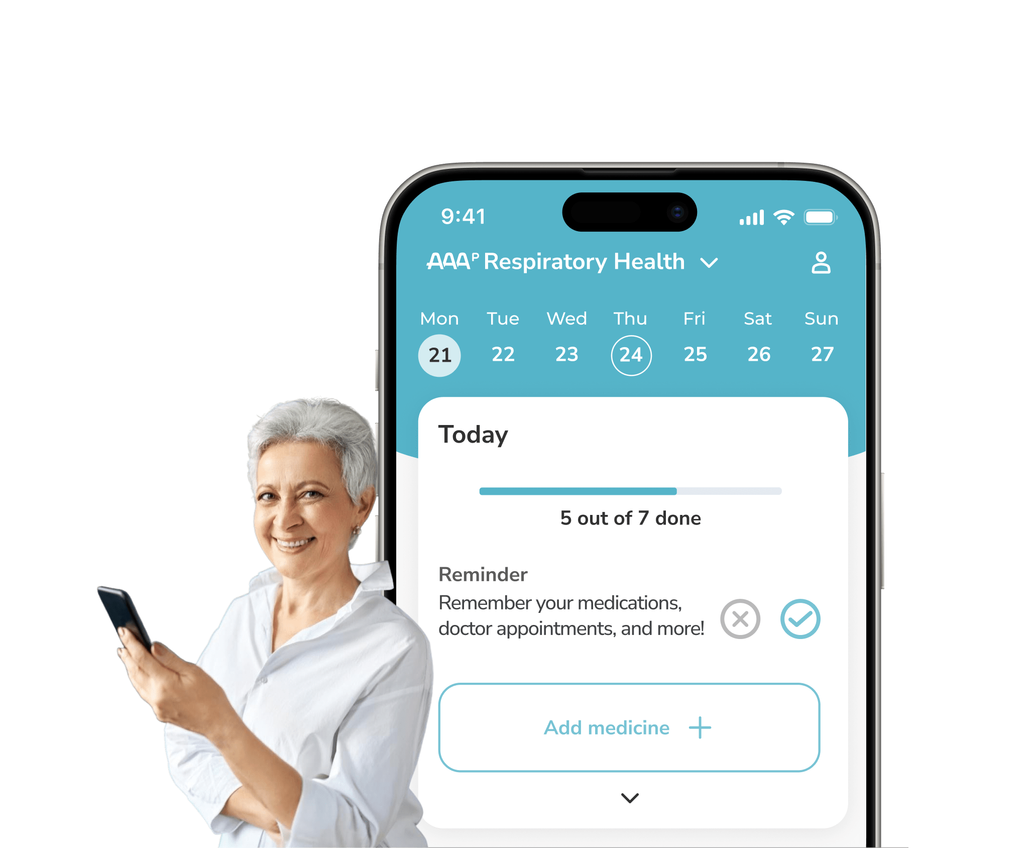 brite app showing the aaa pharma treatment space, next to a smiling person and a product packshot