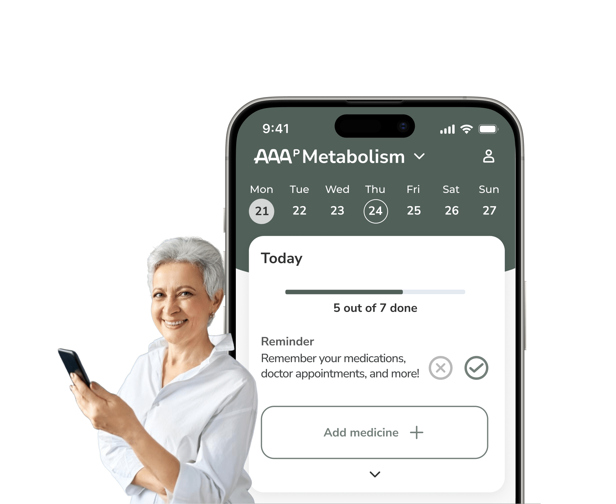 brite app showing the aaa pharma treatment space, next to a smiling person and a product packshot