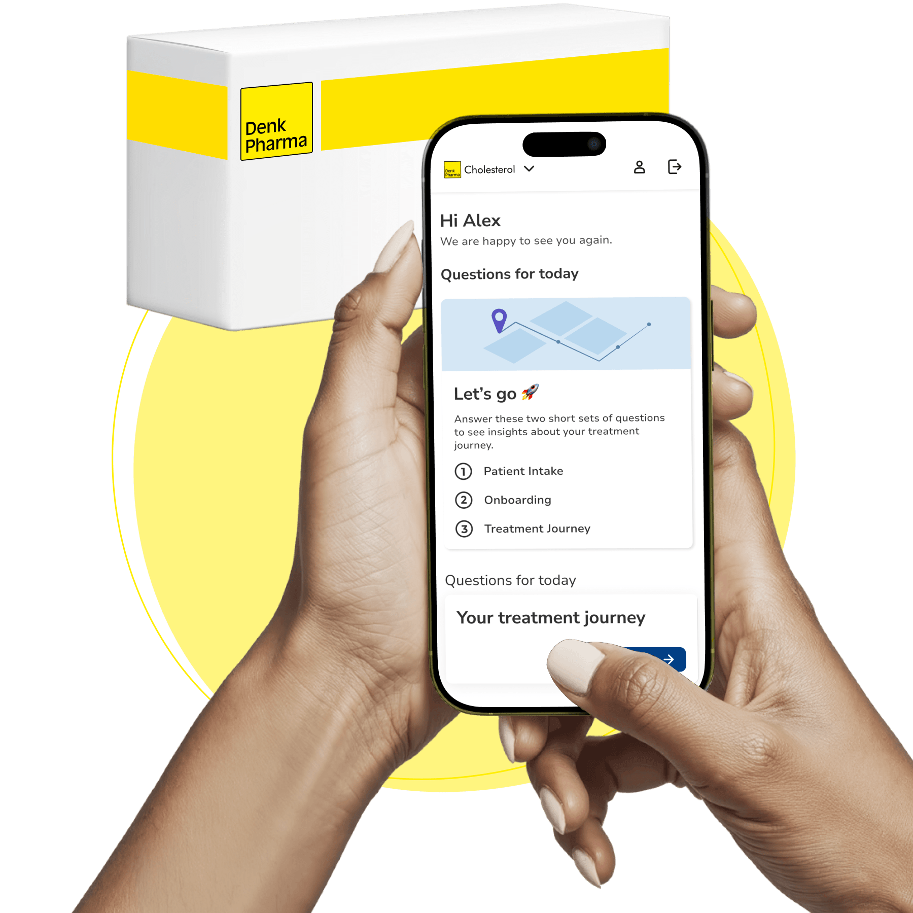 brite App zeigt den Denk Pharma Cholesterin Behandlungsbereich neben einer lächelnden Person.