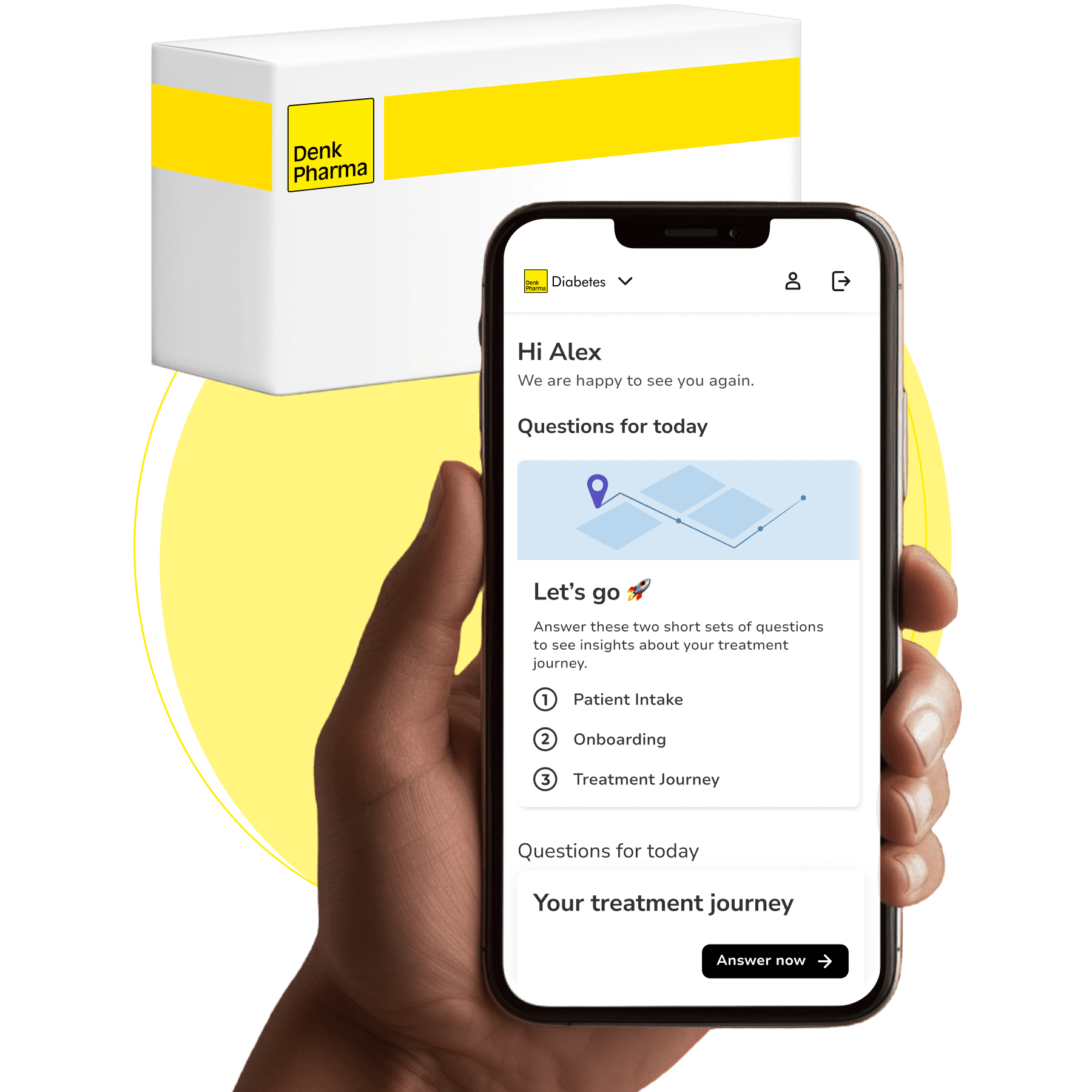 brite app shows the Denk Pharma Diaète treatment area next to a smiling person and a packaging illustration.