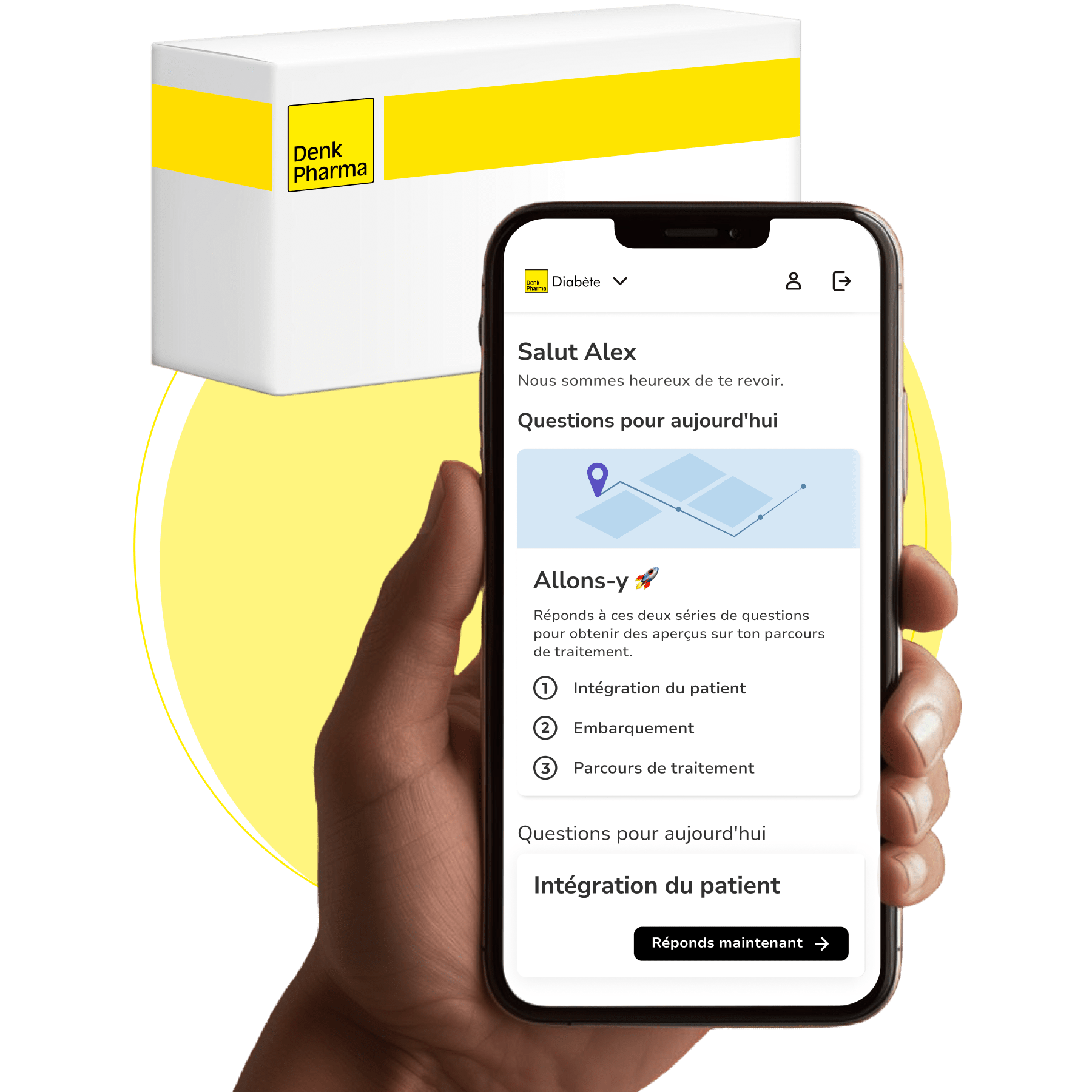 L'application brite montre la zone de traitement du diabète de Denk Pharma à côté d'une personne souriante.