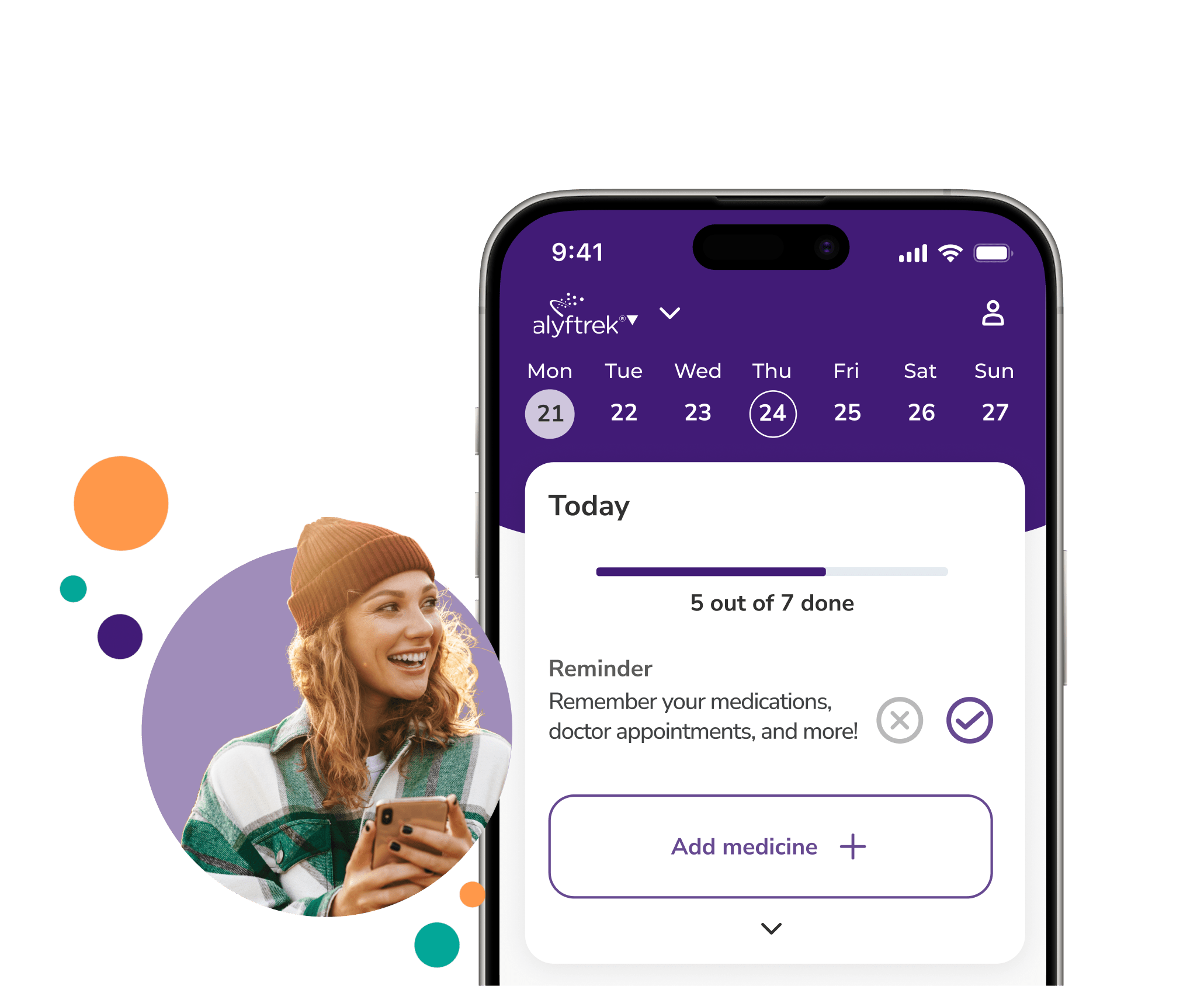 brite app showing the Alyftrek treatment space, next to a smiling person and a packshot of the packaging.