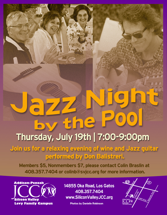 Jazz Night by the Pool event flyer featuring a guitarist and people toasting drinks.