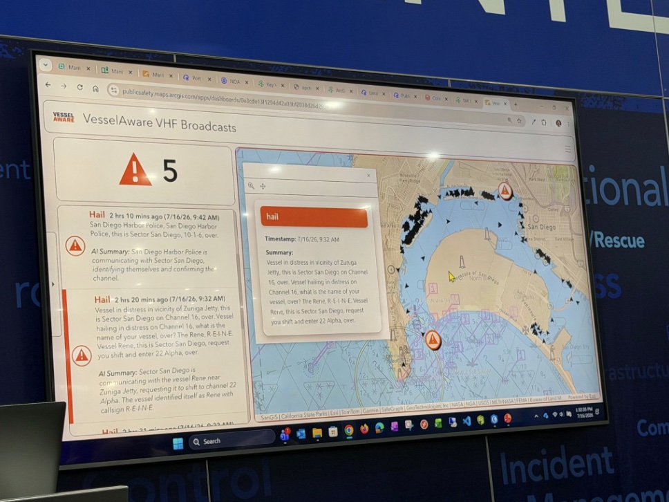 VesselAware VHF Broadcasts dashboard running in ArcGIS
