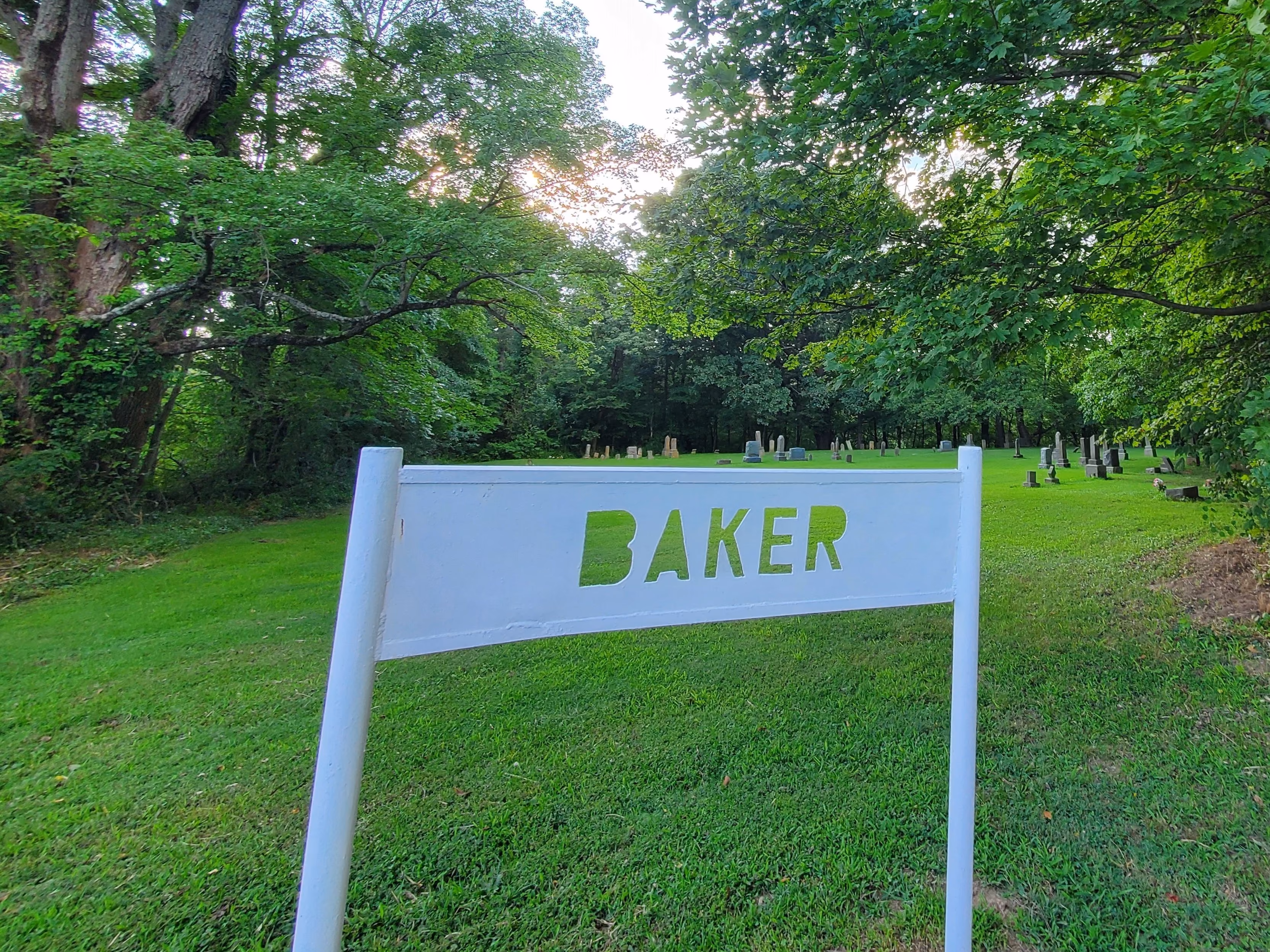 Photo of Baker Cemetery sign.