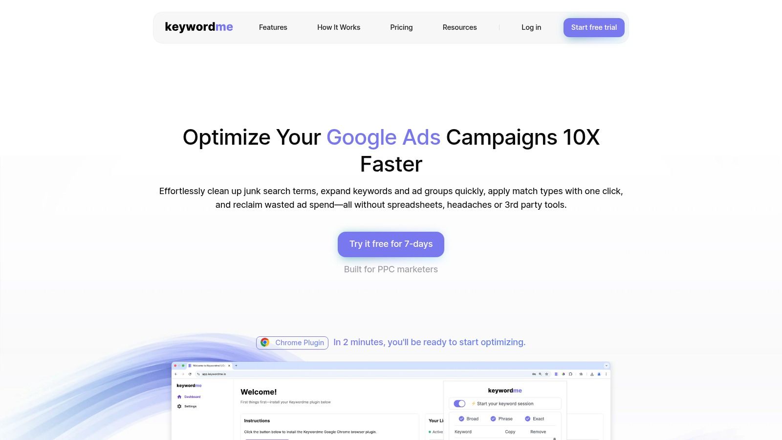 Keywordme in action, showing a user interface with options to manage keywords within Google Ads.