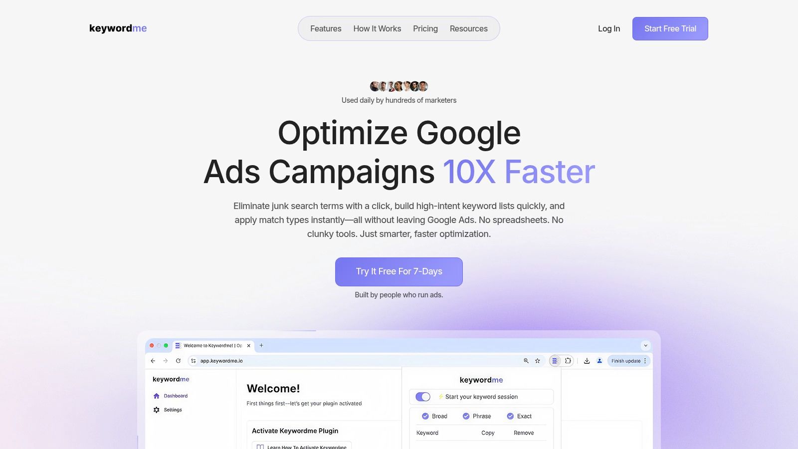 Keywordme in action, showing a user-friendly interface for managing keywords directly within the Google Ads platform.