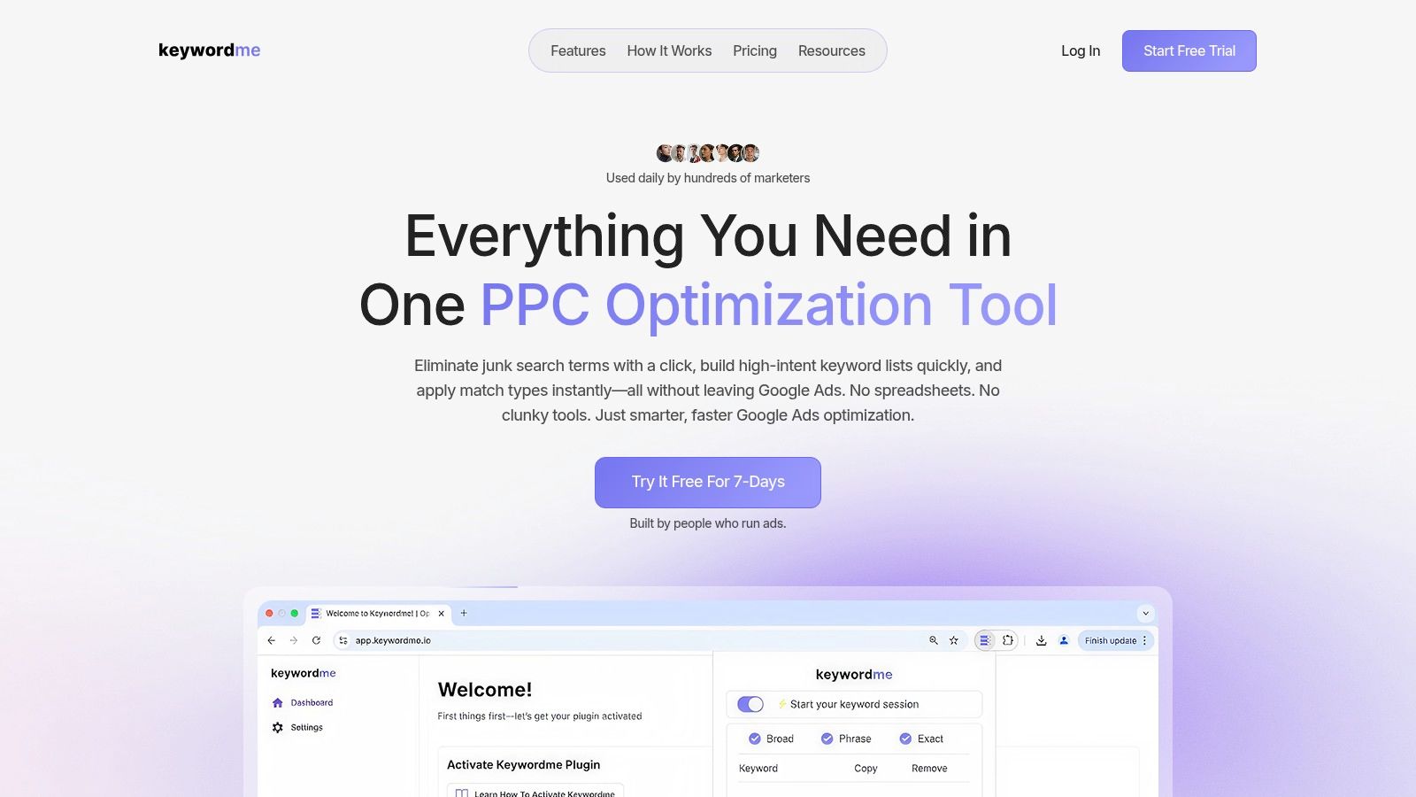 Keywordme in action, showing its interface overlaid on the Google Ads platform.