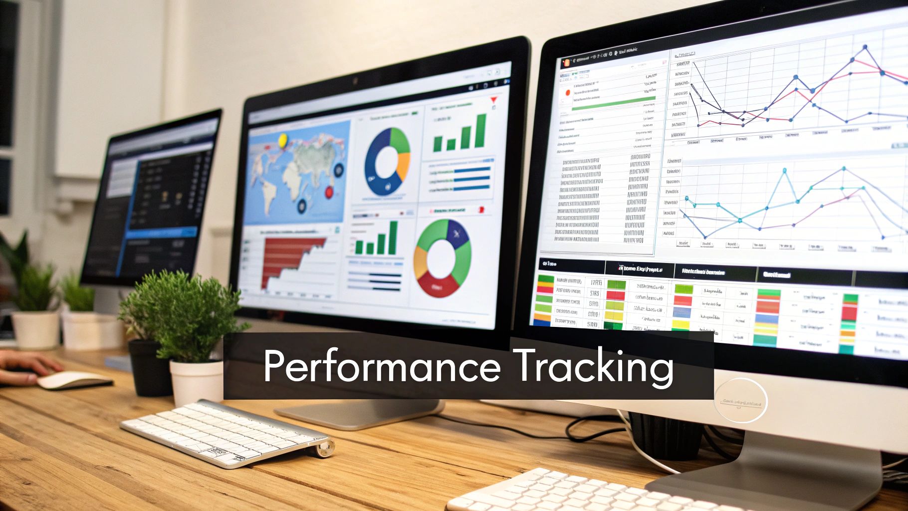 A person at a desk analyzing performance data on multiple computer screens, showing graphs and charts.