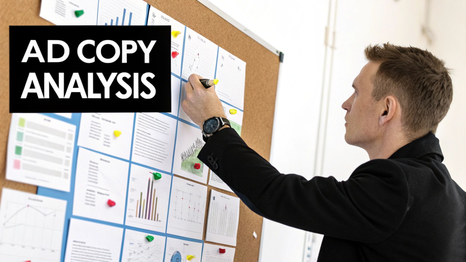 A digital interface showing ad copy variations and performance metrics being analyzed.