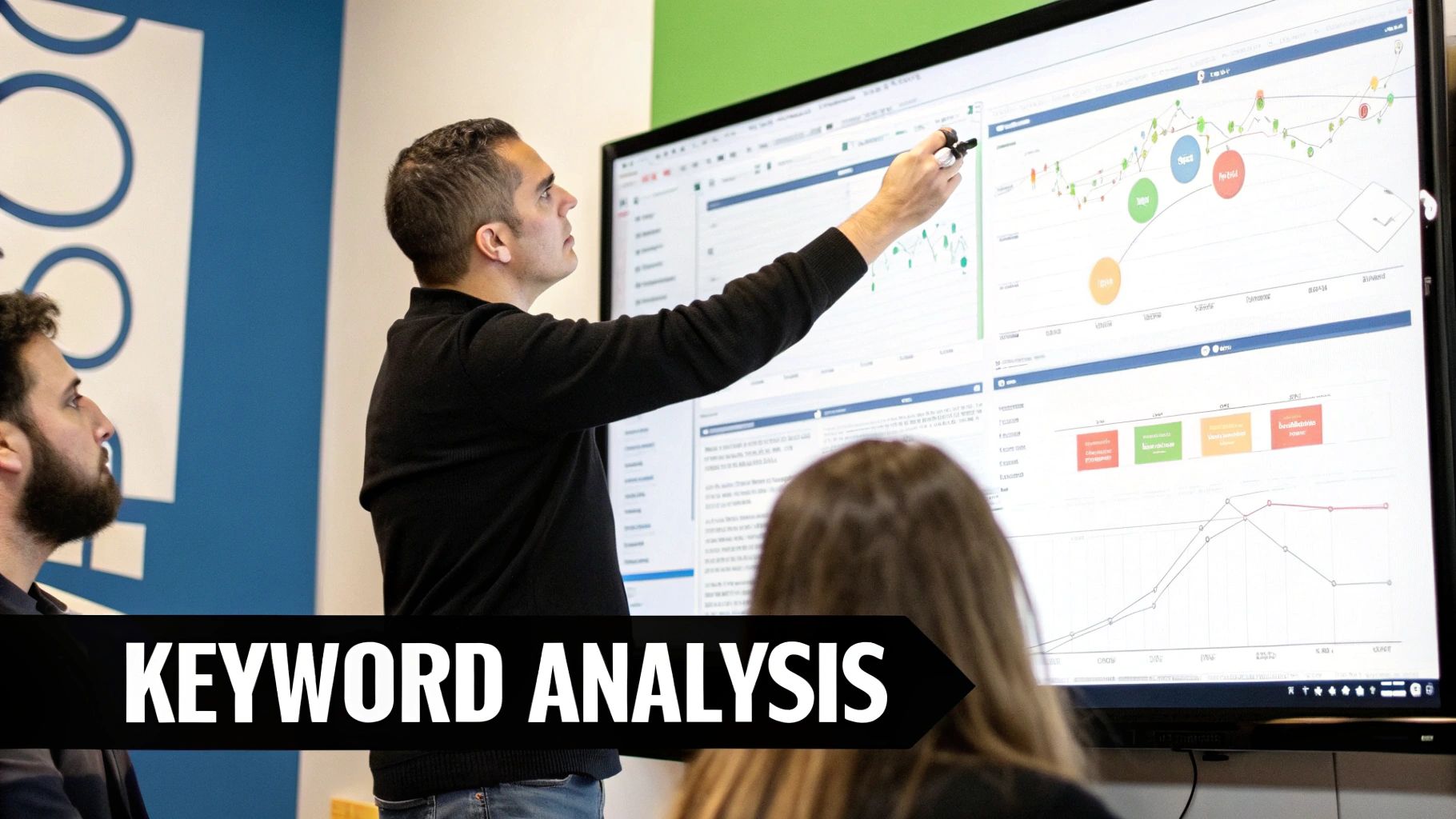 A digital screen showing performance graphs and keyword data with magnifying glass icons over it.