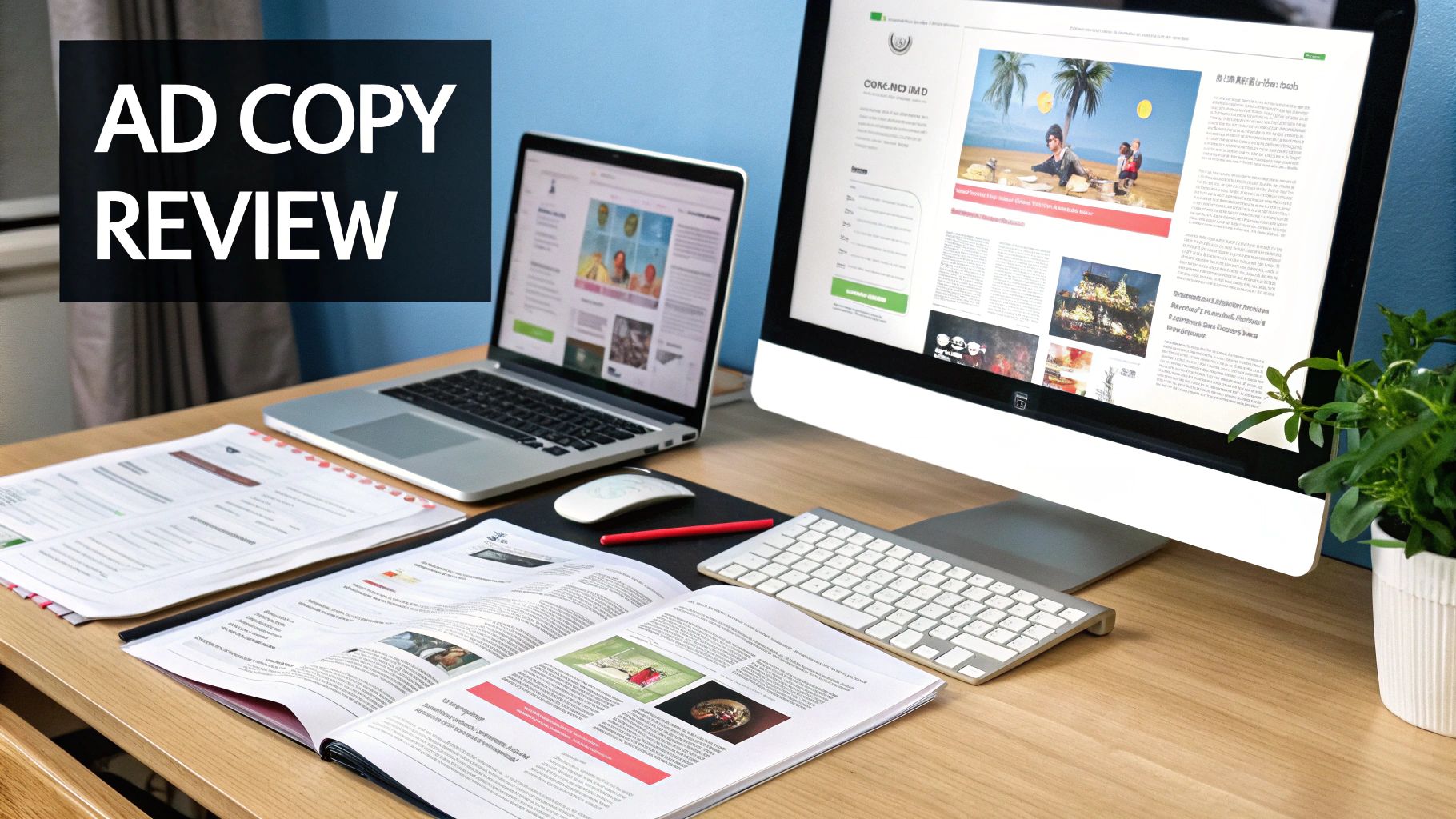A user's journey from an ad to a landing page with conversion icons.
