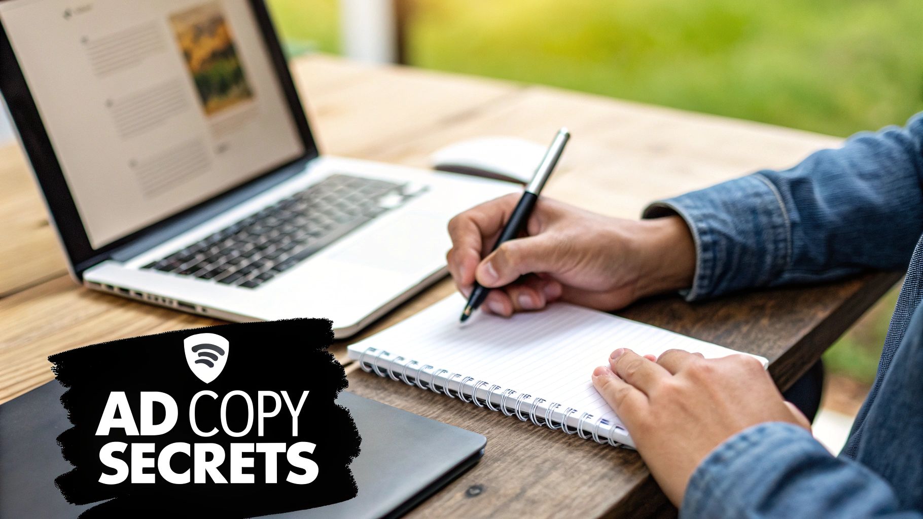 Two people analyzing ad copy examples on a large screen.