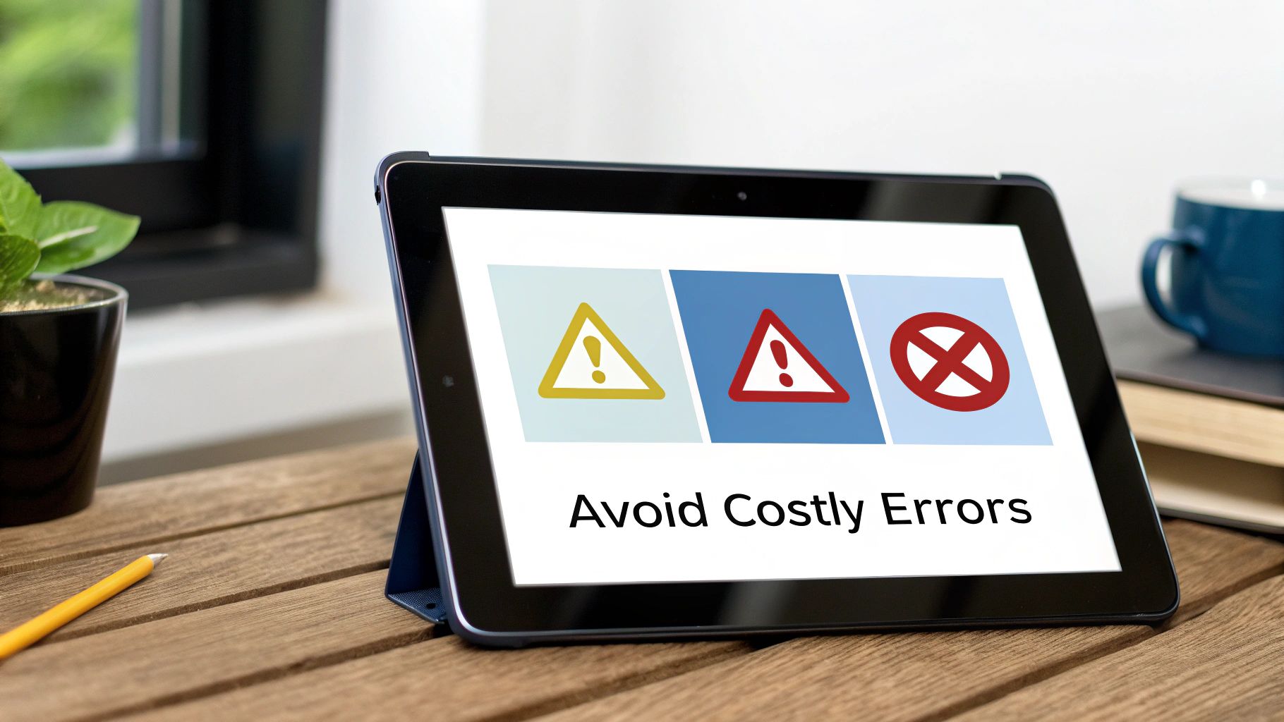 A person looking at a screen with caution signs and exclamation marks, symbolizing mistakes to avoid in Google Ads.