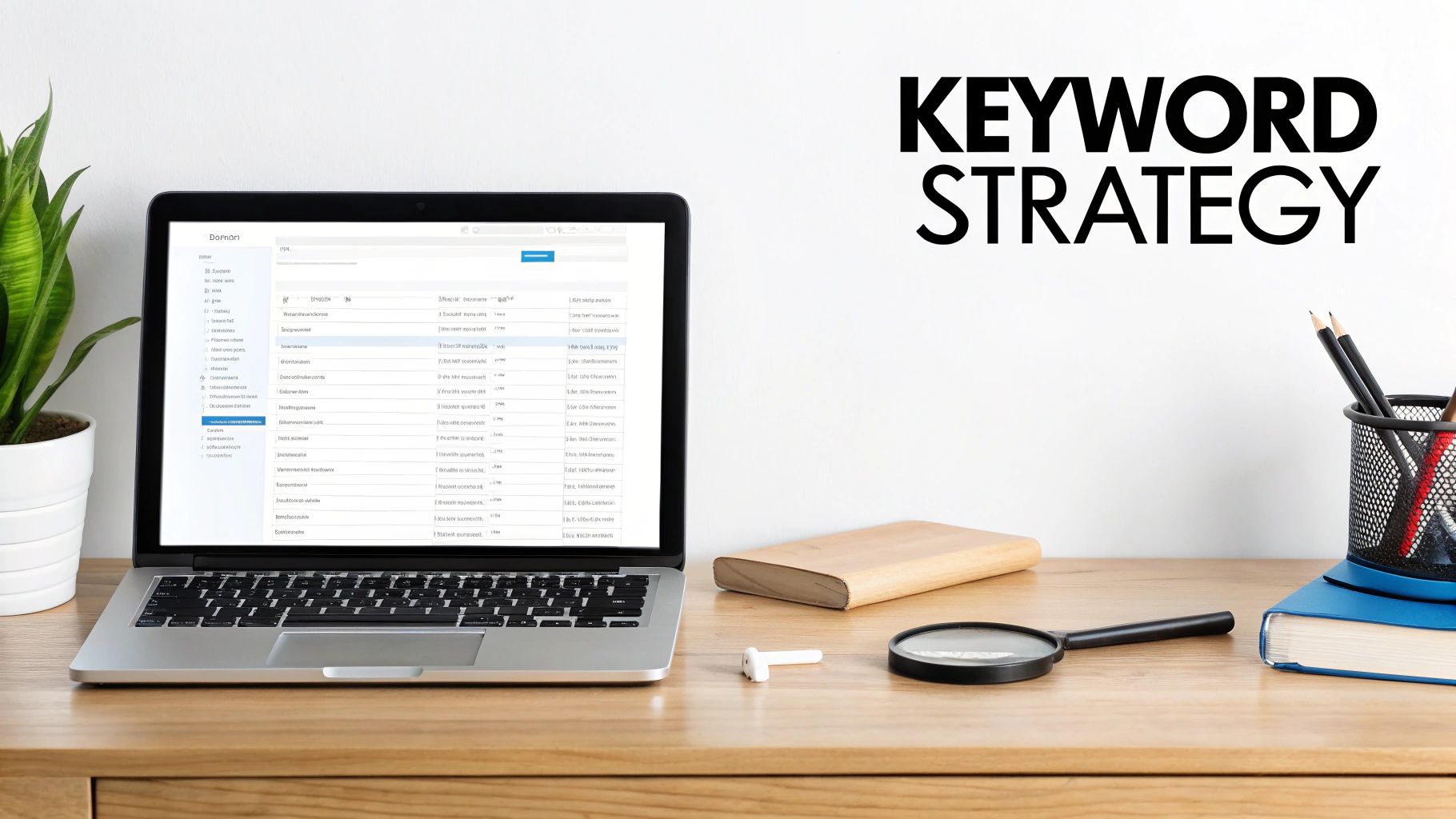 A magnifying glass focusing on a list of keywords