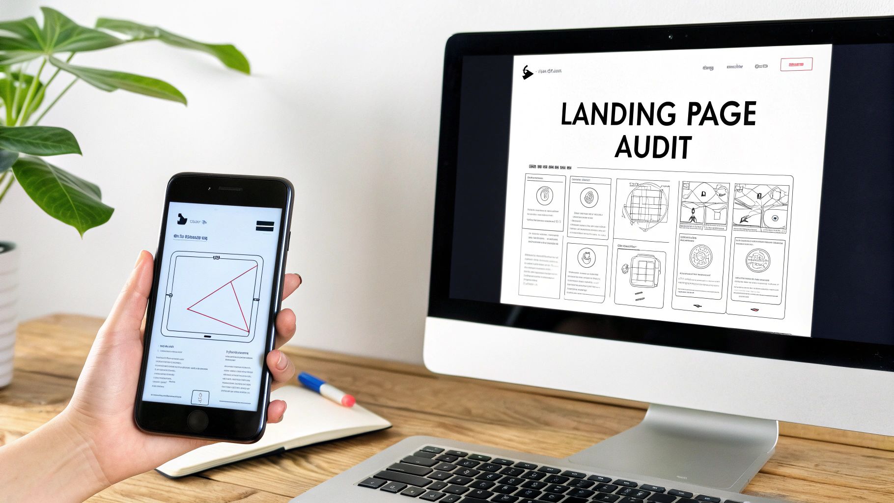 A person pointing at a screen showing a user flow diagram, illustrating a conversion funnel.