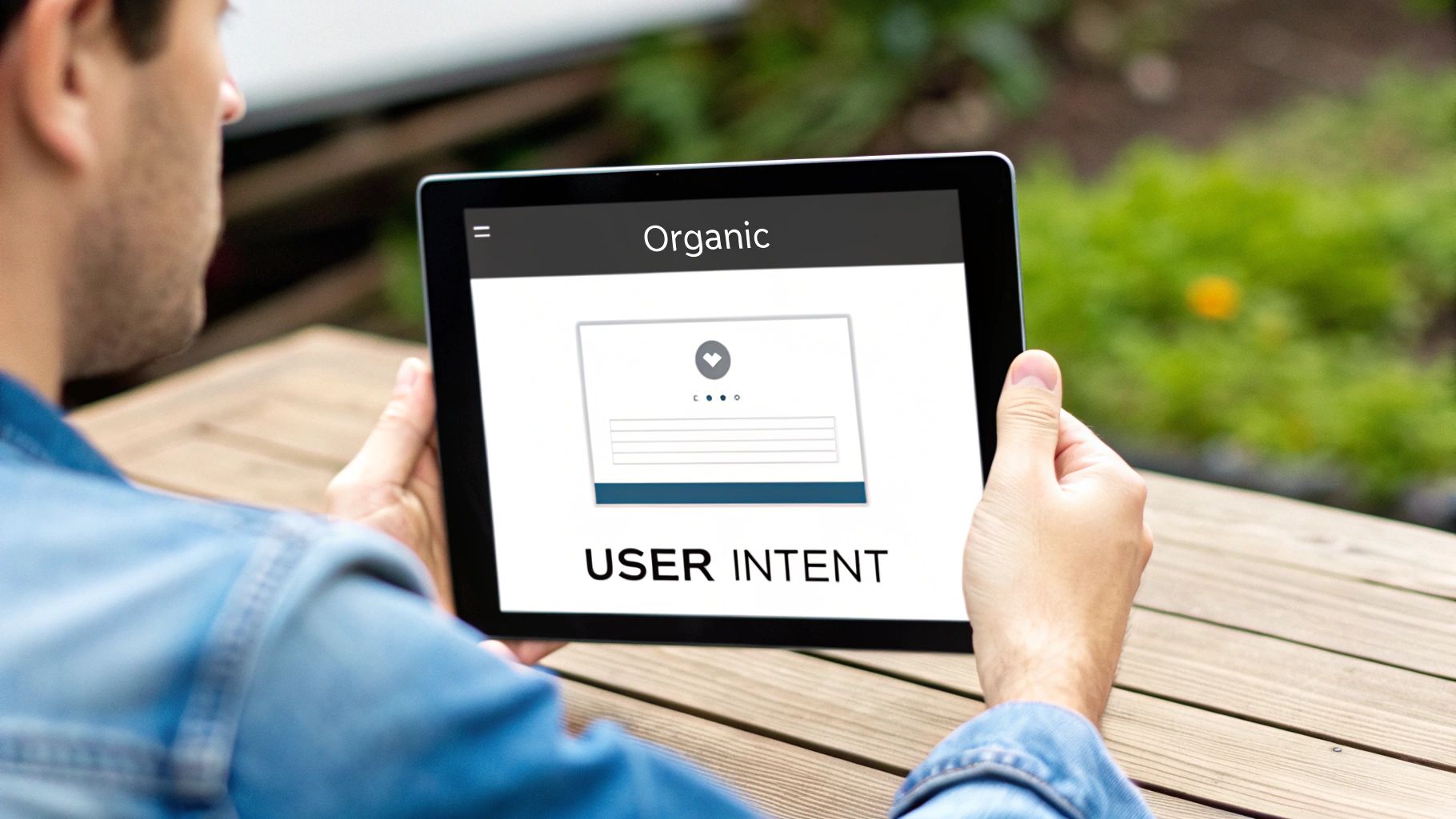 A split-screen showing a Google Analytics dashboard on one side and a person looking thoughtfully at a website on the other