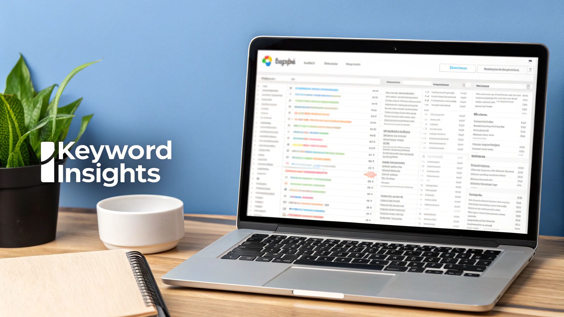 An illustrated dashboard showing graphs and keyword data with the Keywordme logo, representing SEO tool analytics.