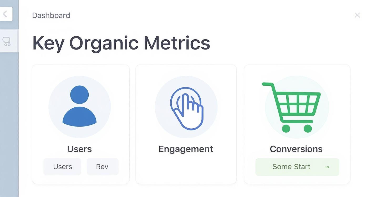 Infographic showing key organic metrics for users, engagement, and conversions.
