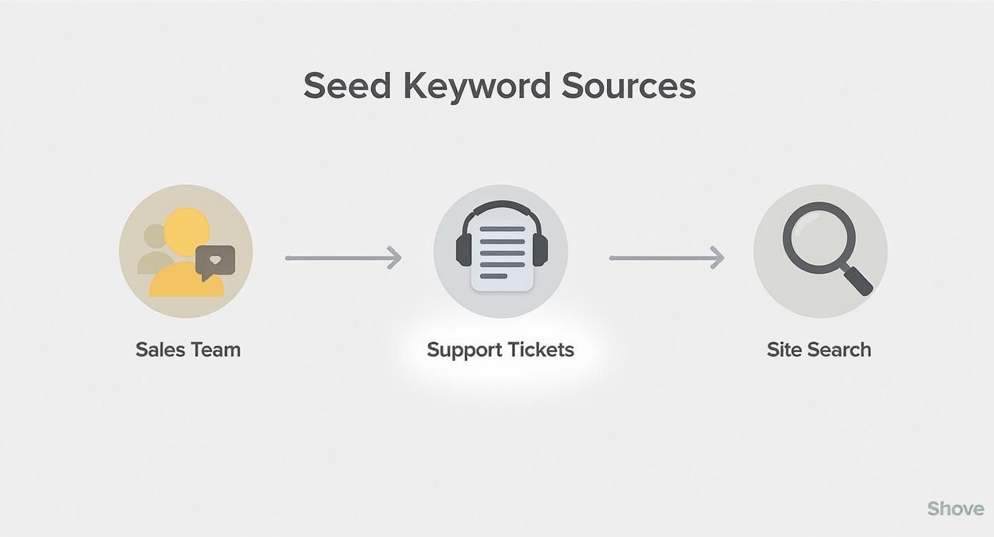 Infographic showing a process flow for finding seed keywords from sources like the Sales Team, Support Tickets, and Site Search.