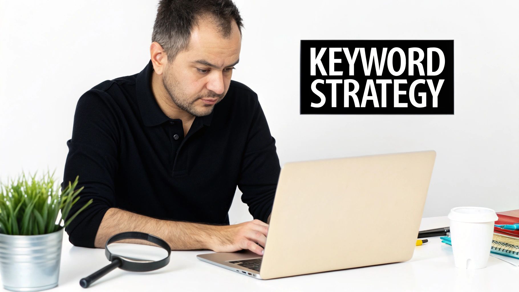 A person at a desk analyzing charts and data on a computer screen, representing keyword research.