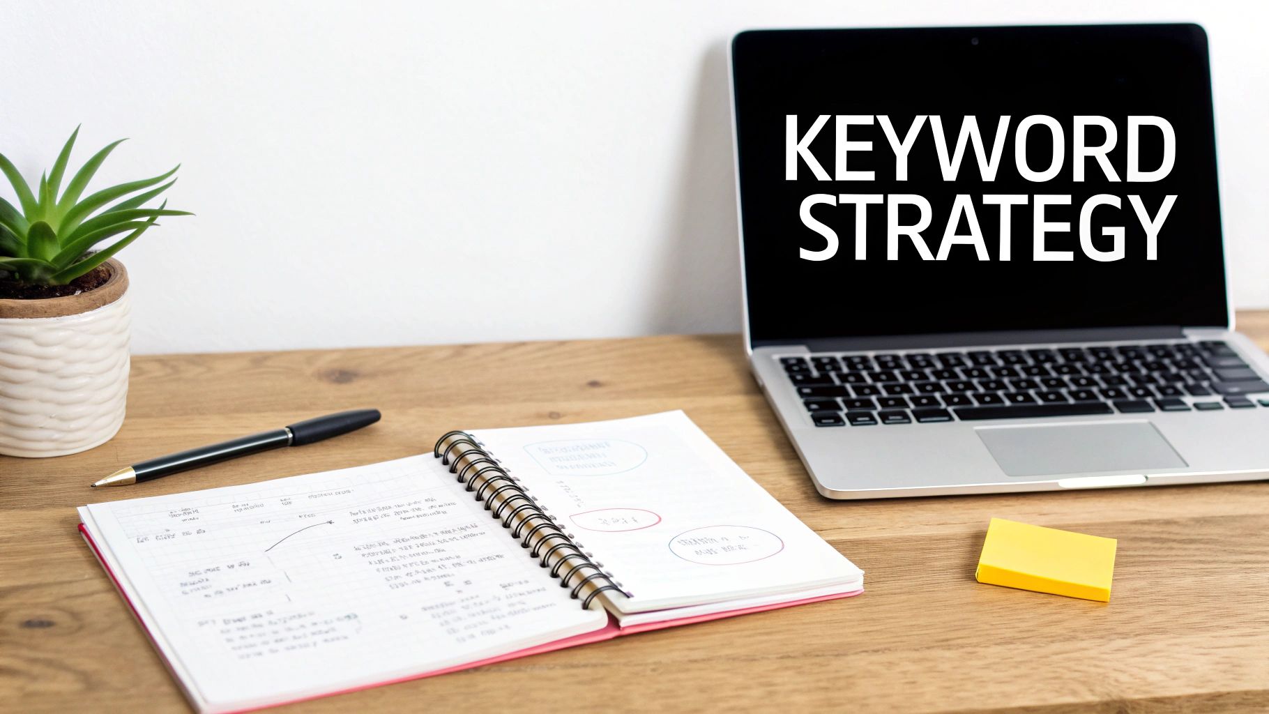 A person brainstorming keywords on a whiteboard with sticky notes.