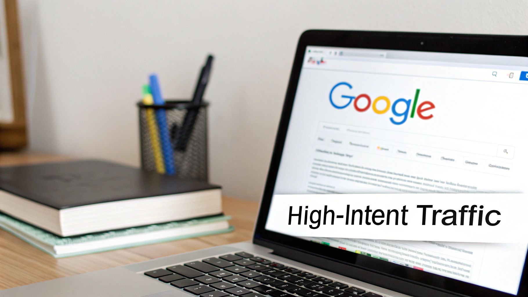 Laptop displaying Google search homepage with high-intent traffic text overlay for digital marketing
