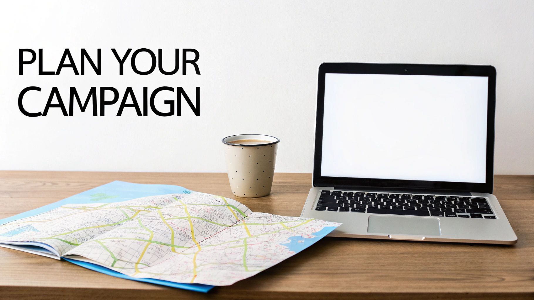A wooden desk with a laptop, coffee cup, and open map, with 'PLAN YOUR CAMPAIGN' text on the wall.
