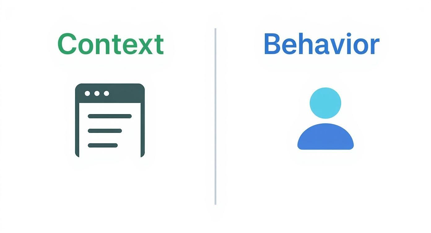 An illustration comparing 'Context' represented by a document icon to 'Behavior' with a person icon.