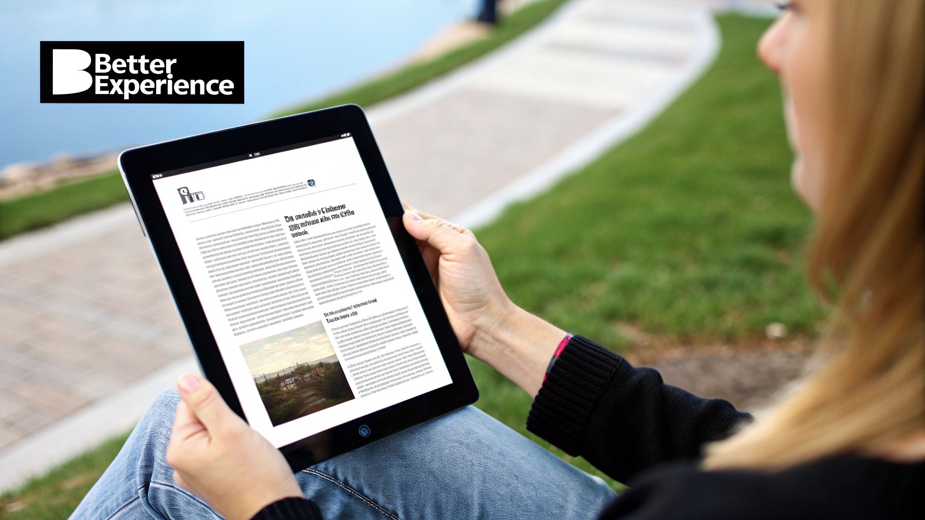 A person outdoors holding a tablet, reading an article on its screen, with a 'Better Experience' logo.