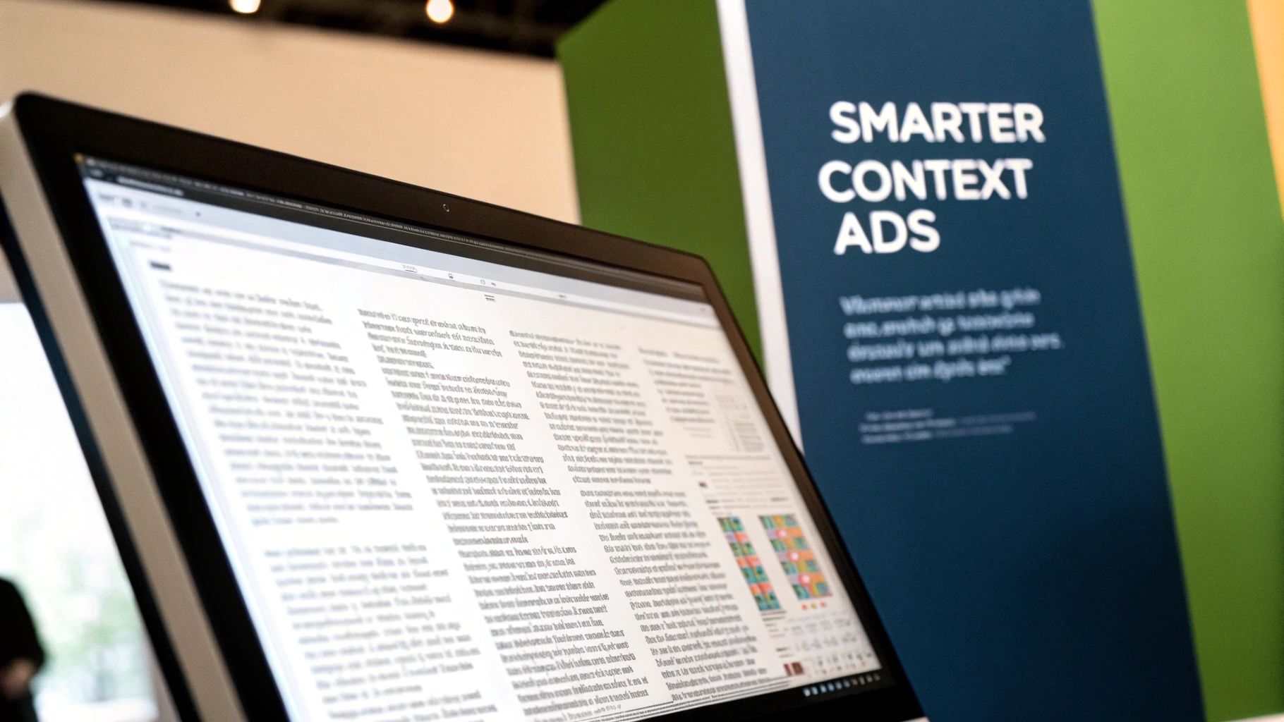 A laptop displaying text content, with a sign in the background reading 'Smarter Context Ads'.